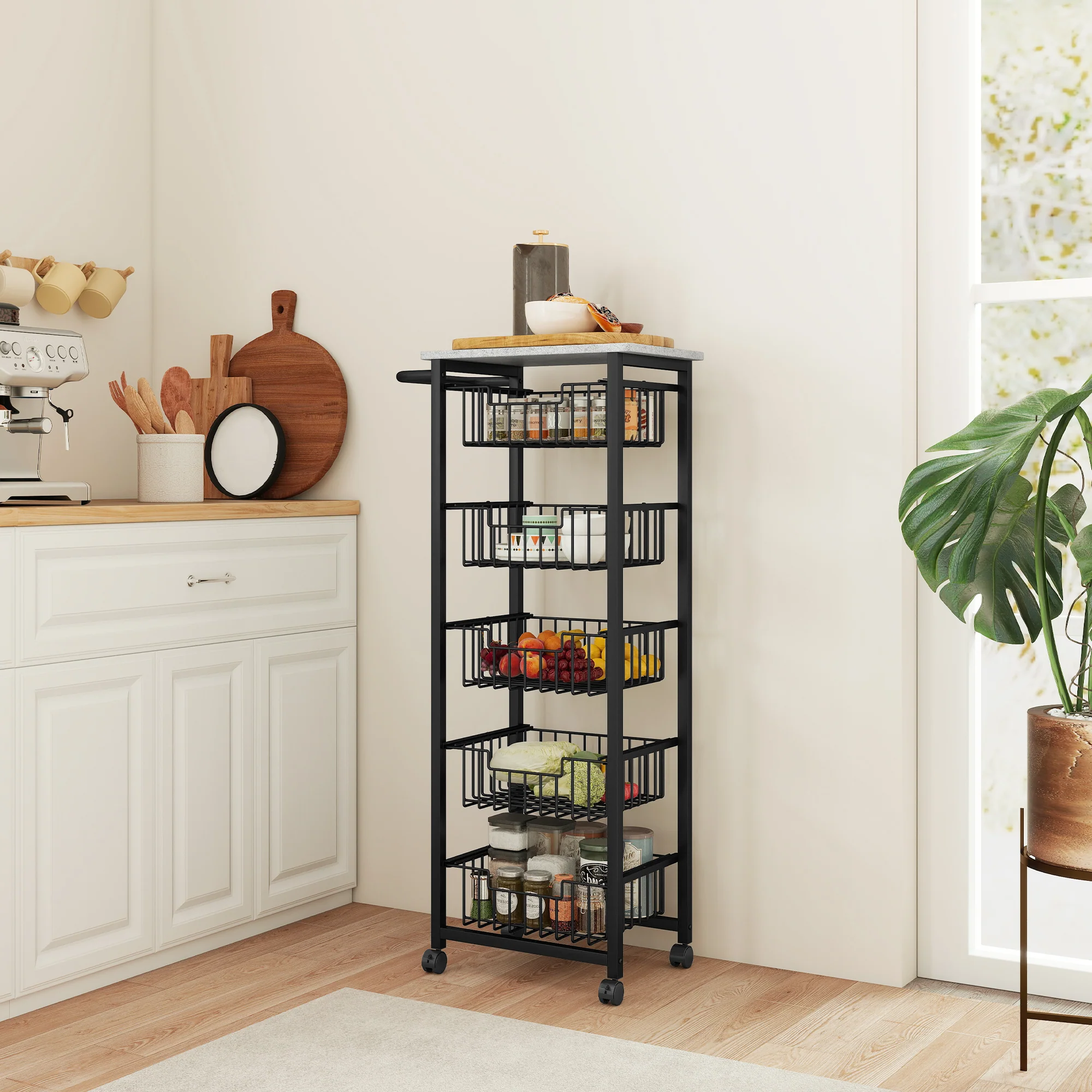 HOMCOM 5-Tier Kitchen Island on Wheels with 5 Pull-Out Baskets, Light Grey - Image 8