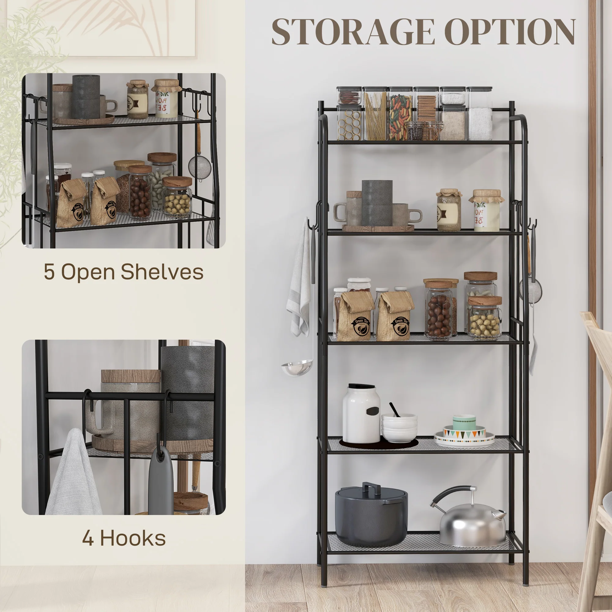 HOMCOM 5-Tier Kitchen Storage Unit, Microwave Stand With Open Shelves And Hooks - Image 3