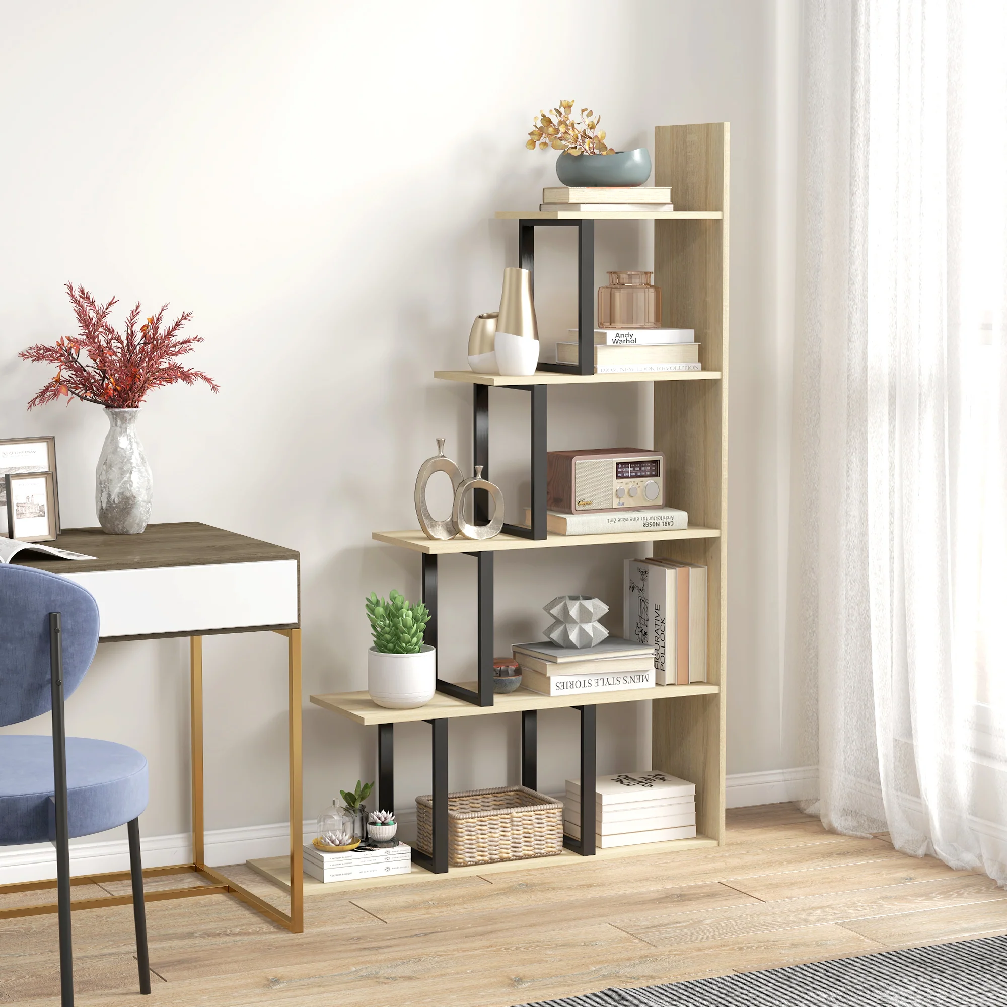 HOMCOM 5-Tier Ladder Shelf Display Plant Stand Home Office Ladder Oak - Image 2