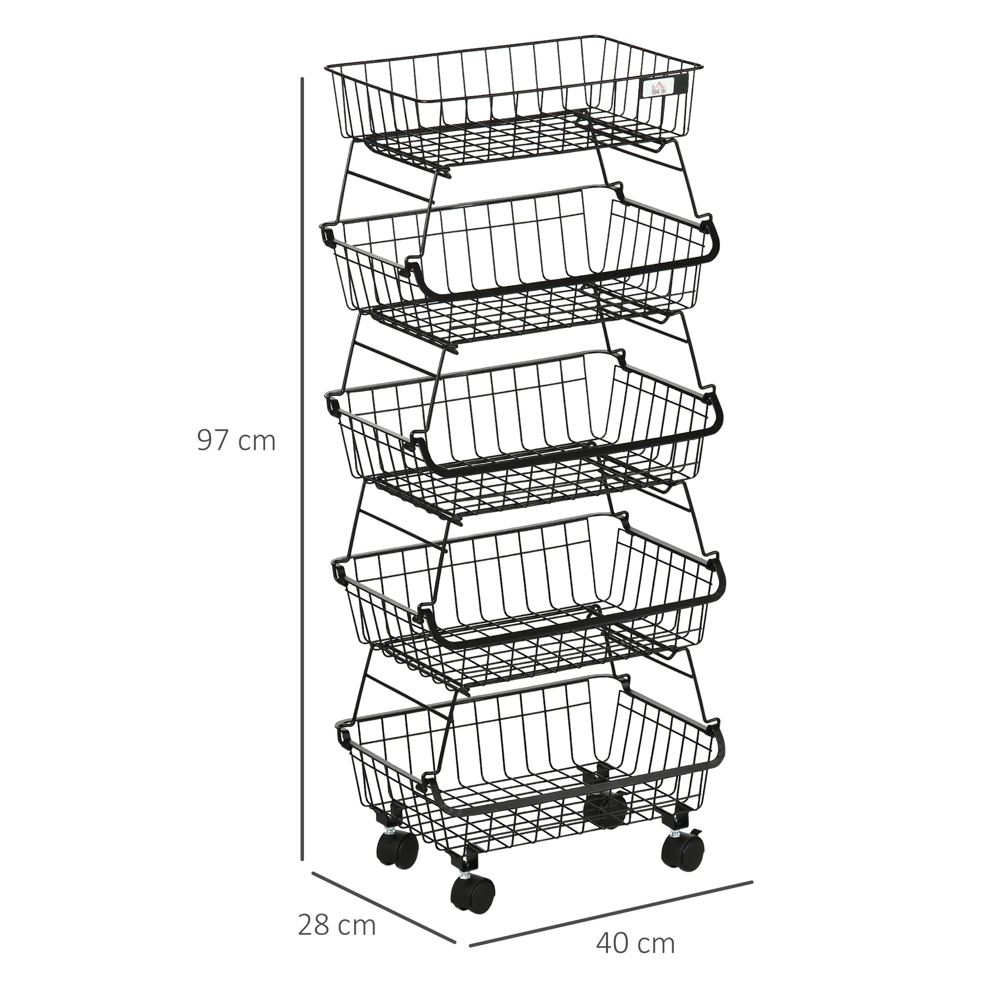 HOMCOM 5 Tier Storage Trolley Cart Vegetable Rack with Wheels for Kitchen - Image 3