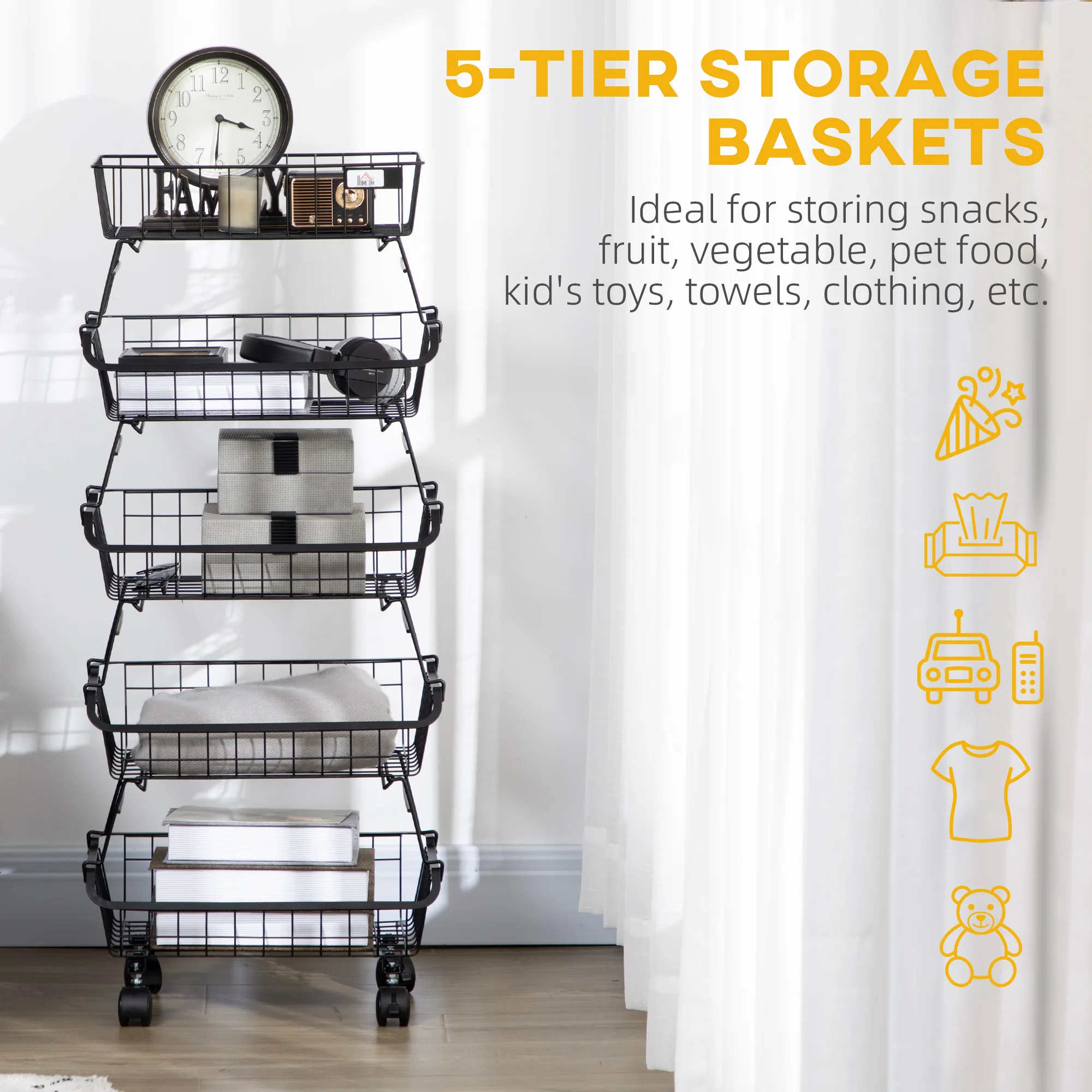 HOMCOM 5 Tier Storage Trolley Cart Vegetable Rack with Wheels for Kitchen - Image 4