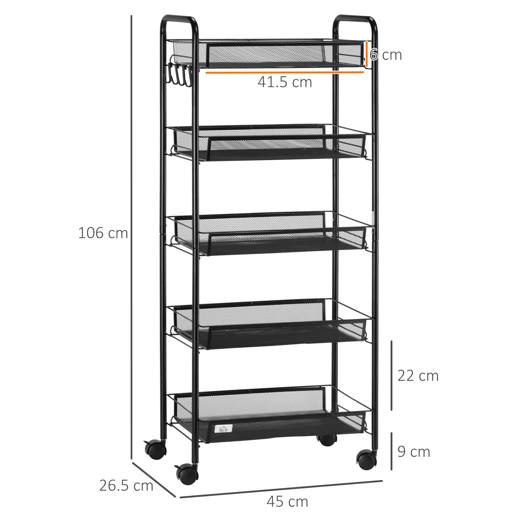 HOMCOM 5 Tier Utility Rolling Cart With Removable Mesh Baskets, Black - Image 5