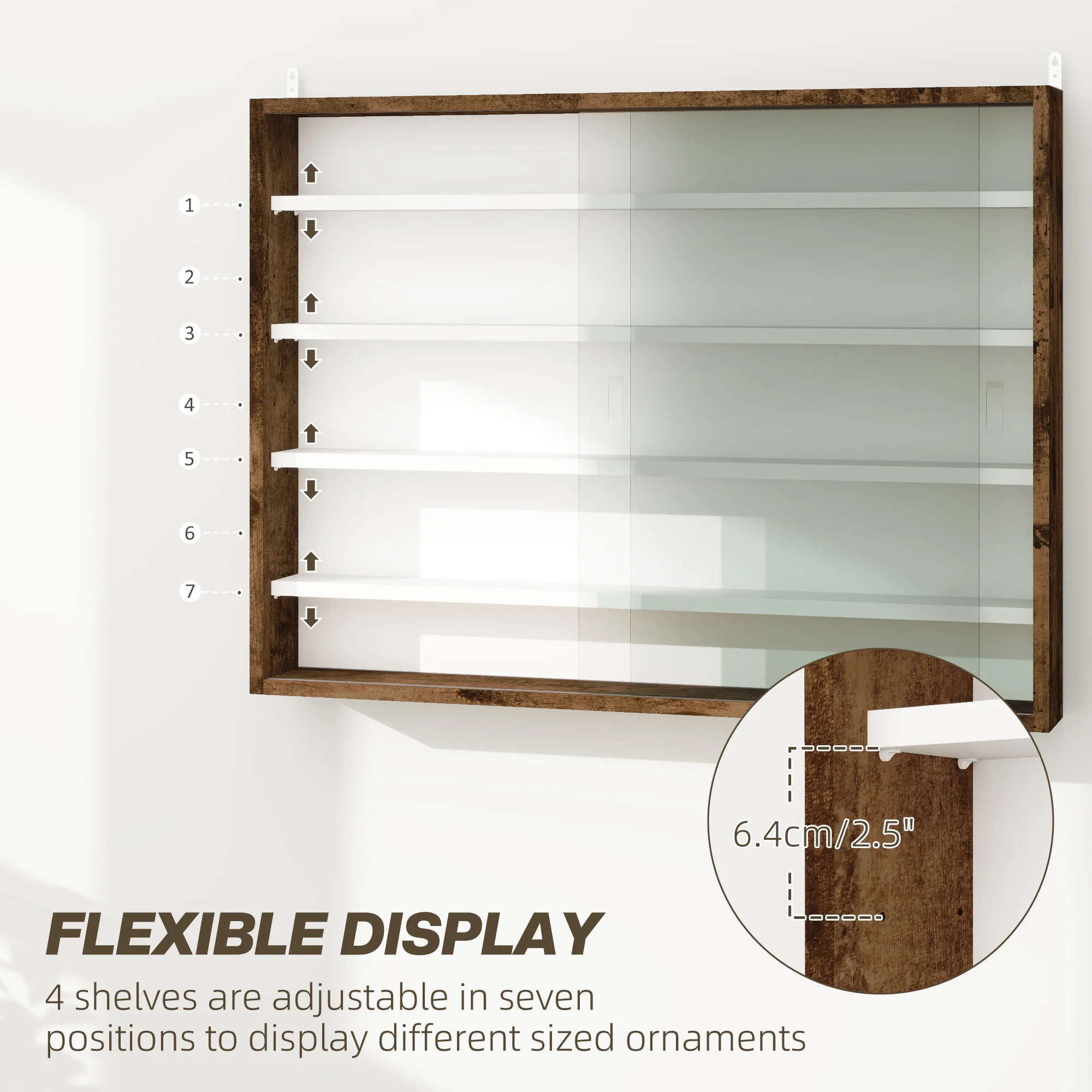 HOMCOM 5-Tier Wall Display Shelf Unit Cabinet W/ Shelves Glass Doors - Image 3