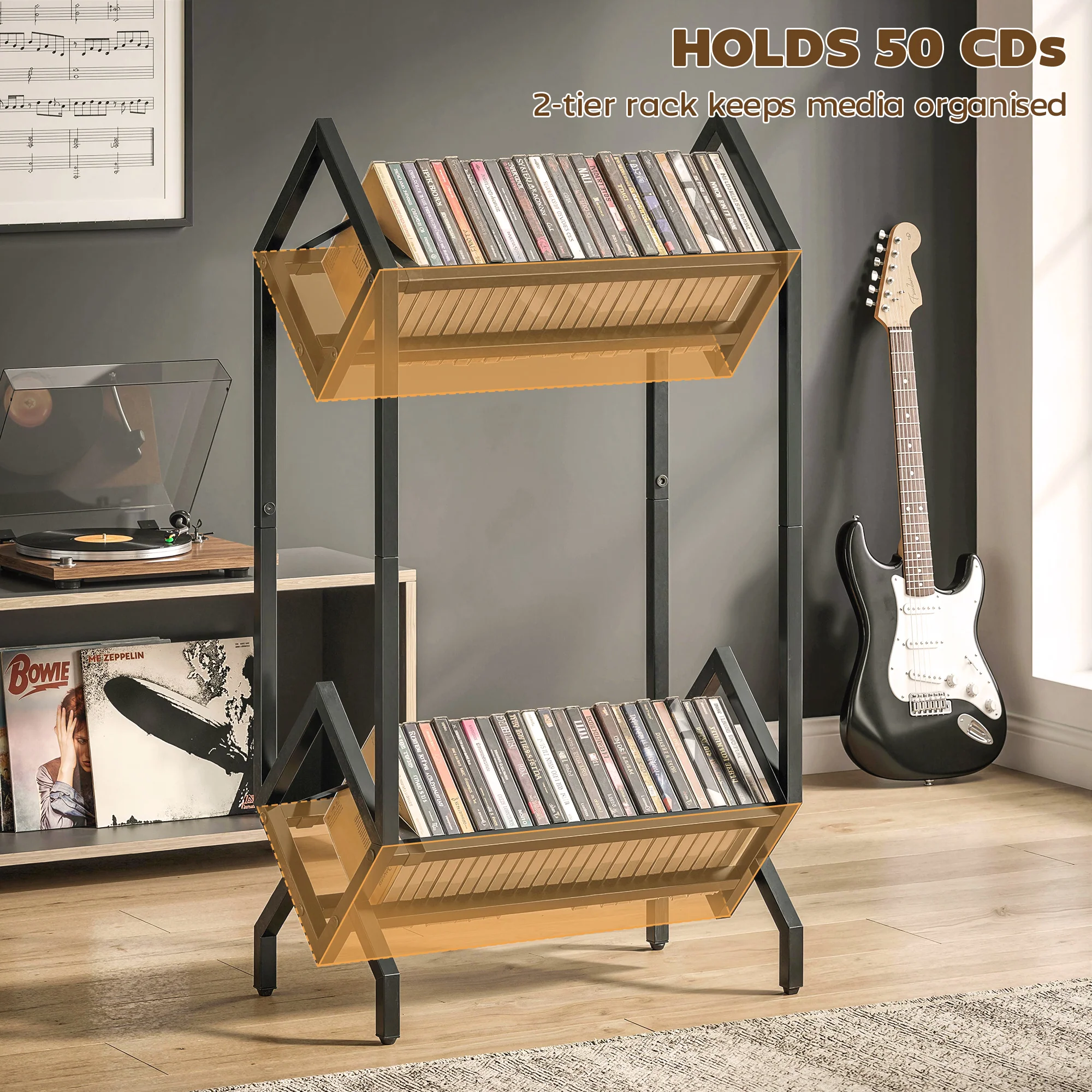 HOMCOM 50 CD Storage Rack, 2-Tier Metal Display Rack for CDs, DVDs, Black - Image 3