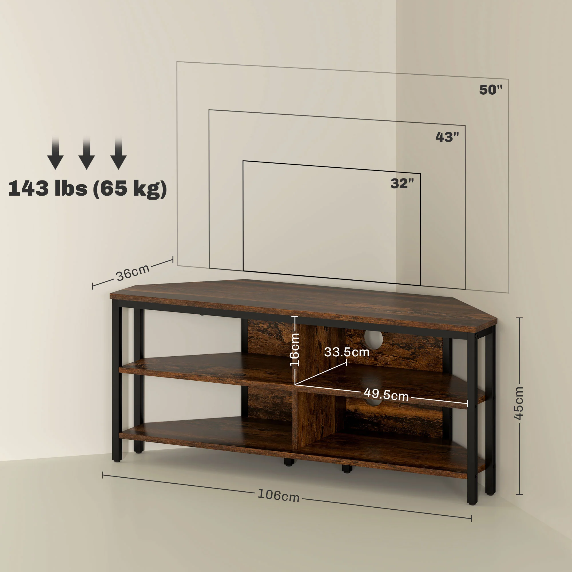 HOMCOM 50 Inch TV Stand Cabinet, TV Unit With Storage Shelves, Rustic Brown - Image 5