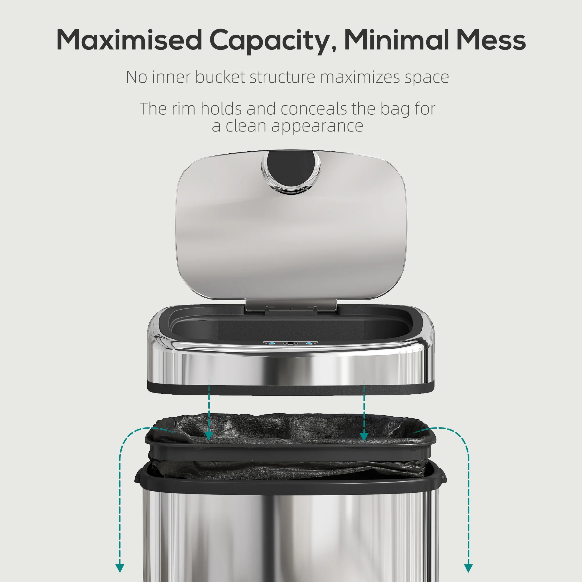 HOMCOM 50L Sensor Bin, Stainless Steel Kitchen Bin With Automatic Close - Image 7