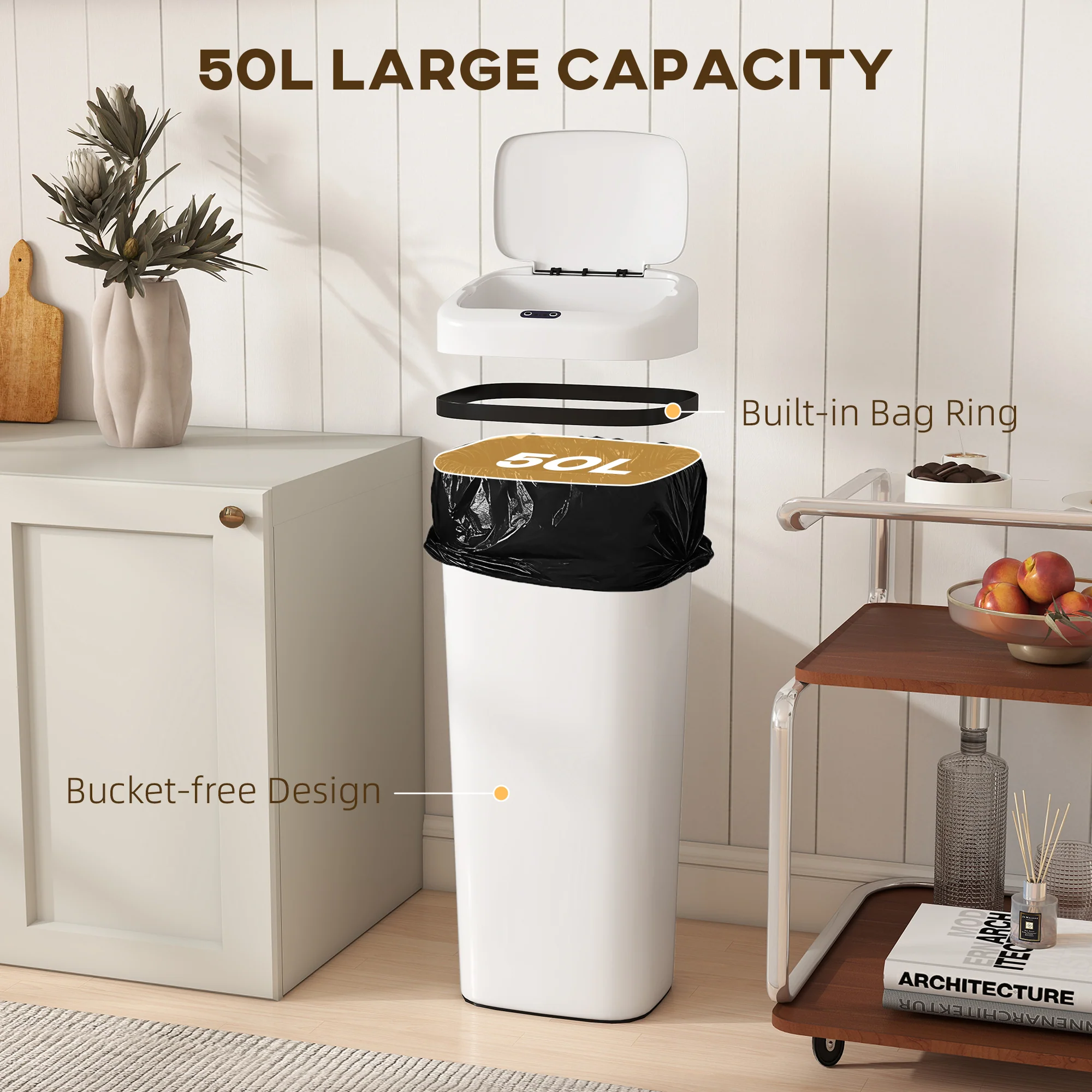 HOMCOM 50L Sensor Bin, Stainless Steel Slim Kitchen Bin, Fingerprint-Proof - Image 6