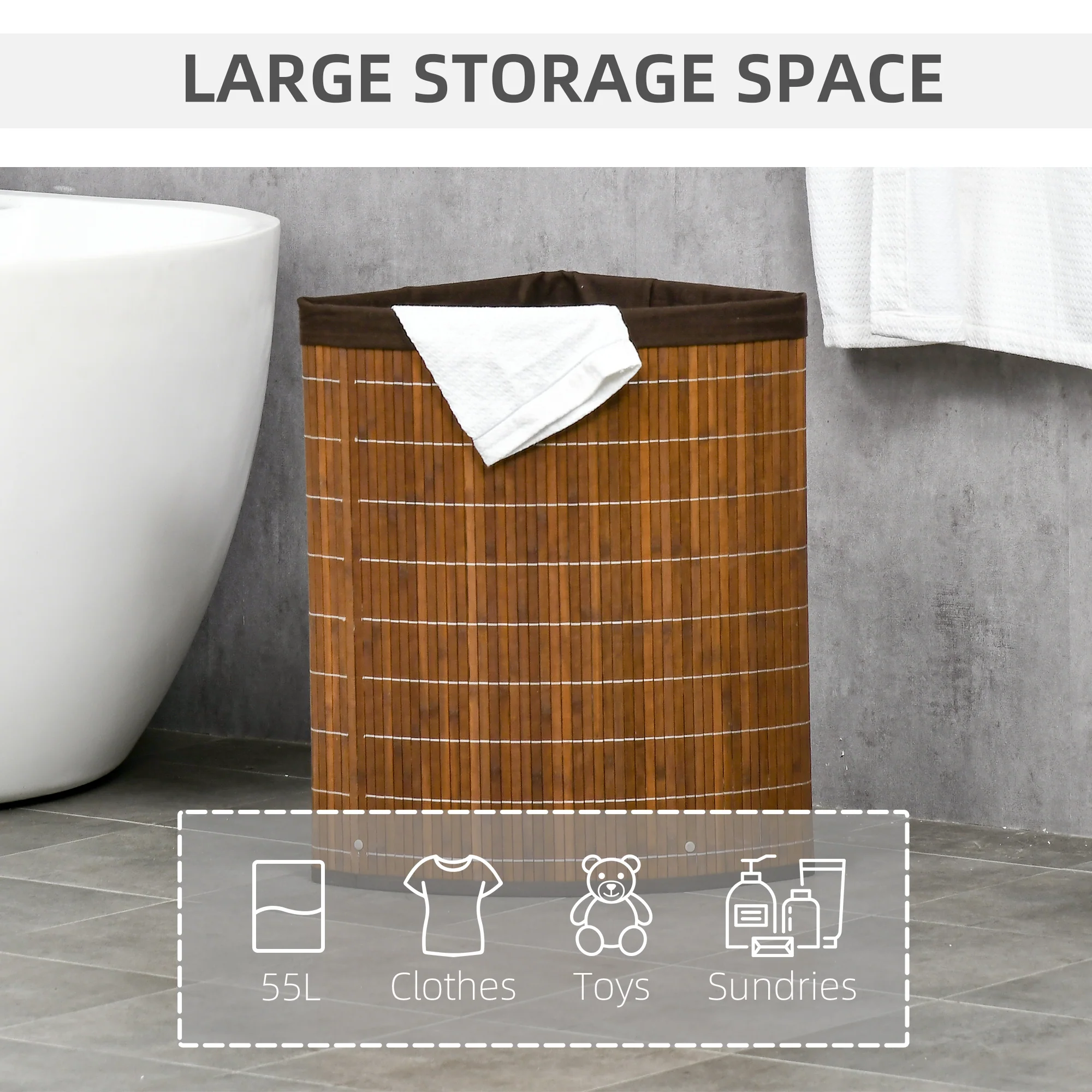 HOMCOM 55L Bamboo Corner Laundry Hamper Bamboo Laundry Basket Brown - Image 2