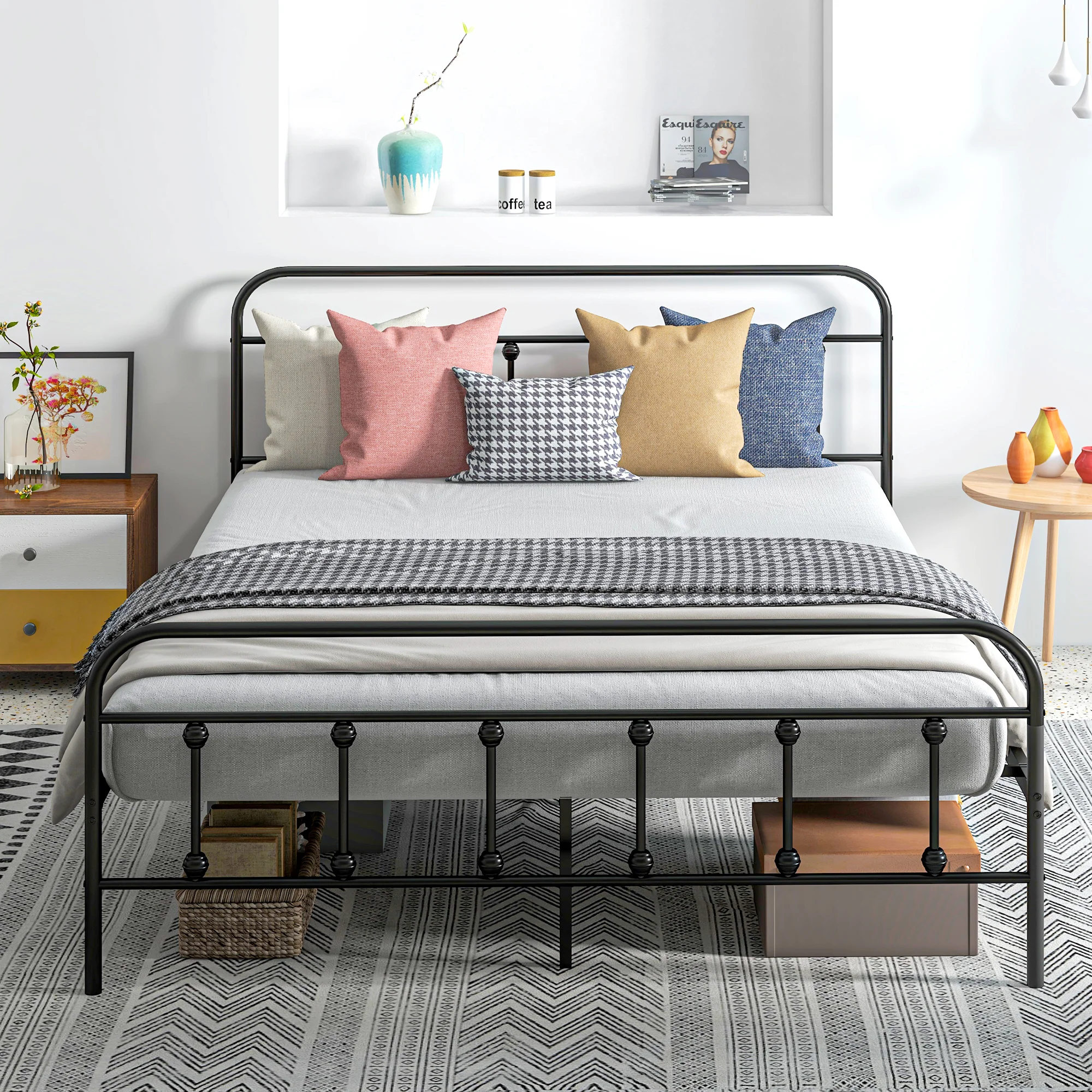 HOMCOM 5ft Metal King Platform Bed Frame W/ Underbed Storage Headboard White/Black - Image 10