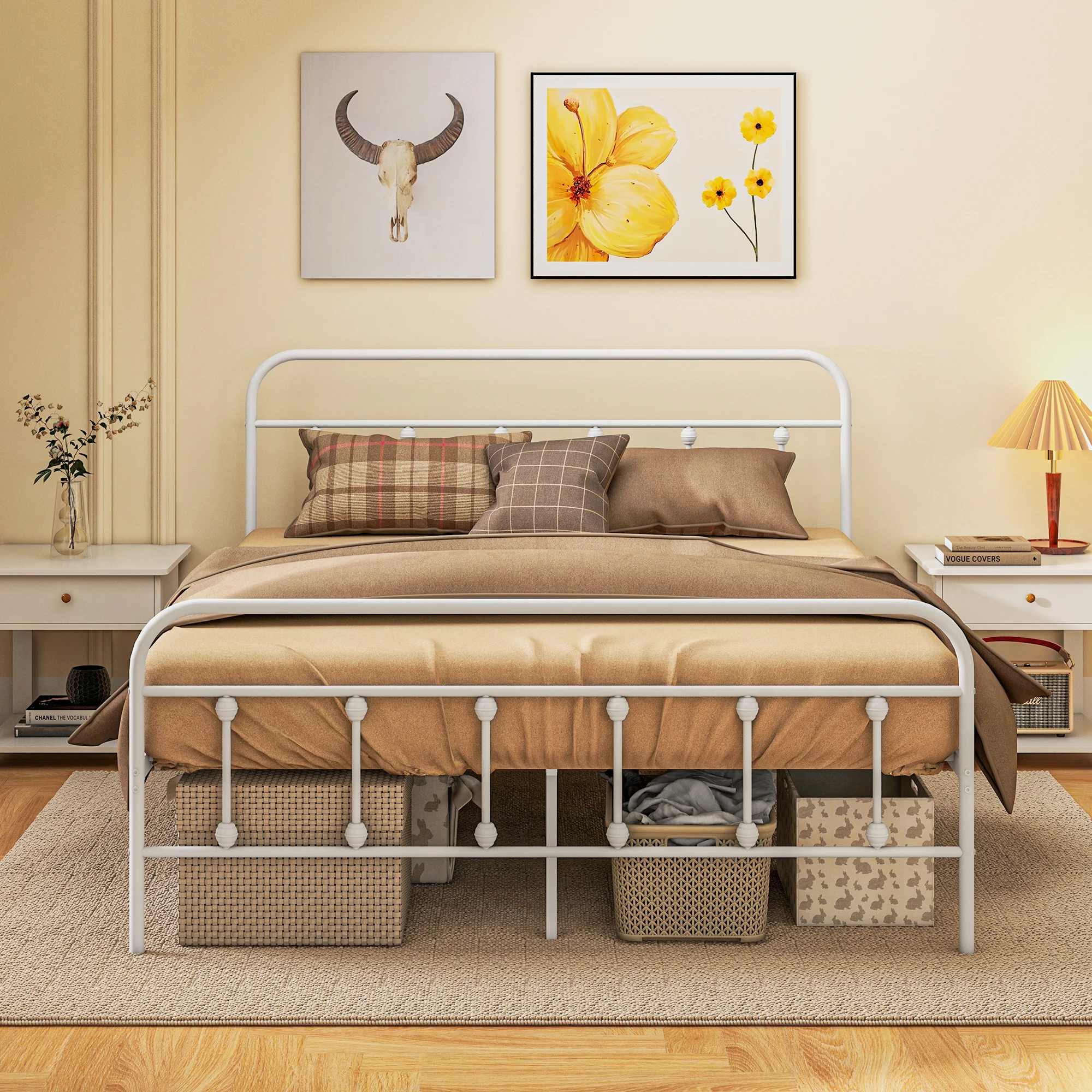 HOMCOM 5ft Metal King Platform Bed Frame W/ Underbed Storage Headboard White/Black - Image 2