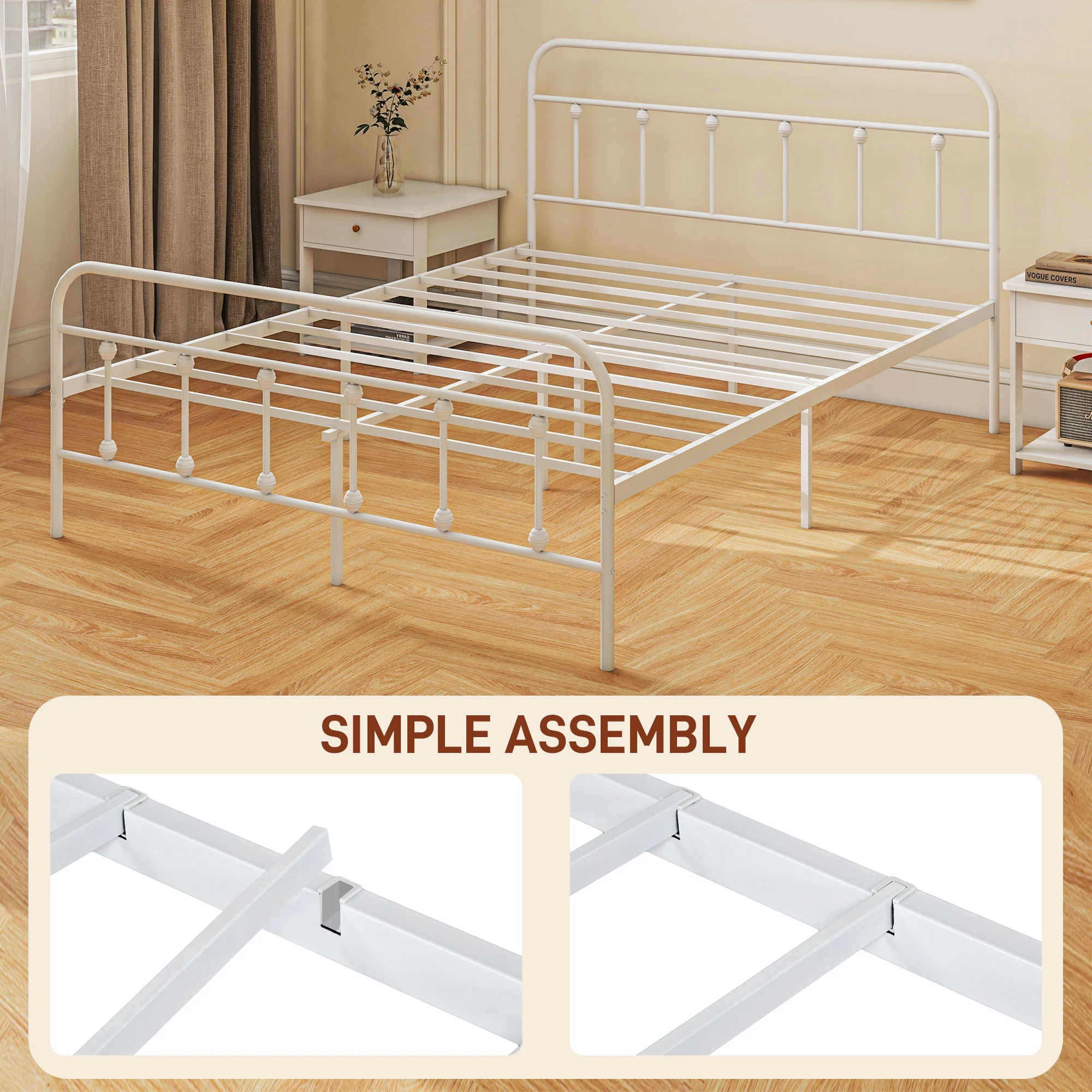 HOMCOM 5ft Metal King Platform Bed Frame W/ Underbed Storage Headboard White/Black - Image 7