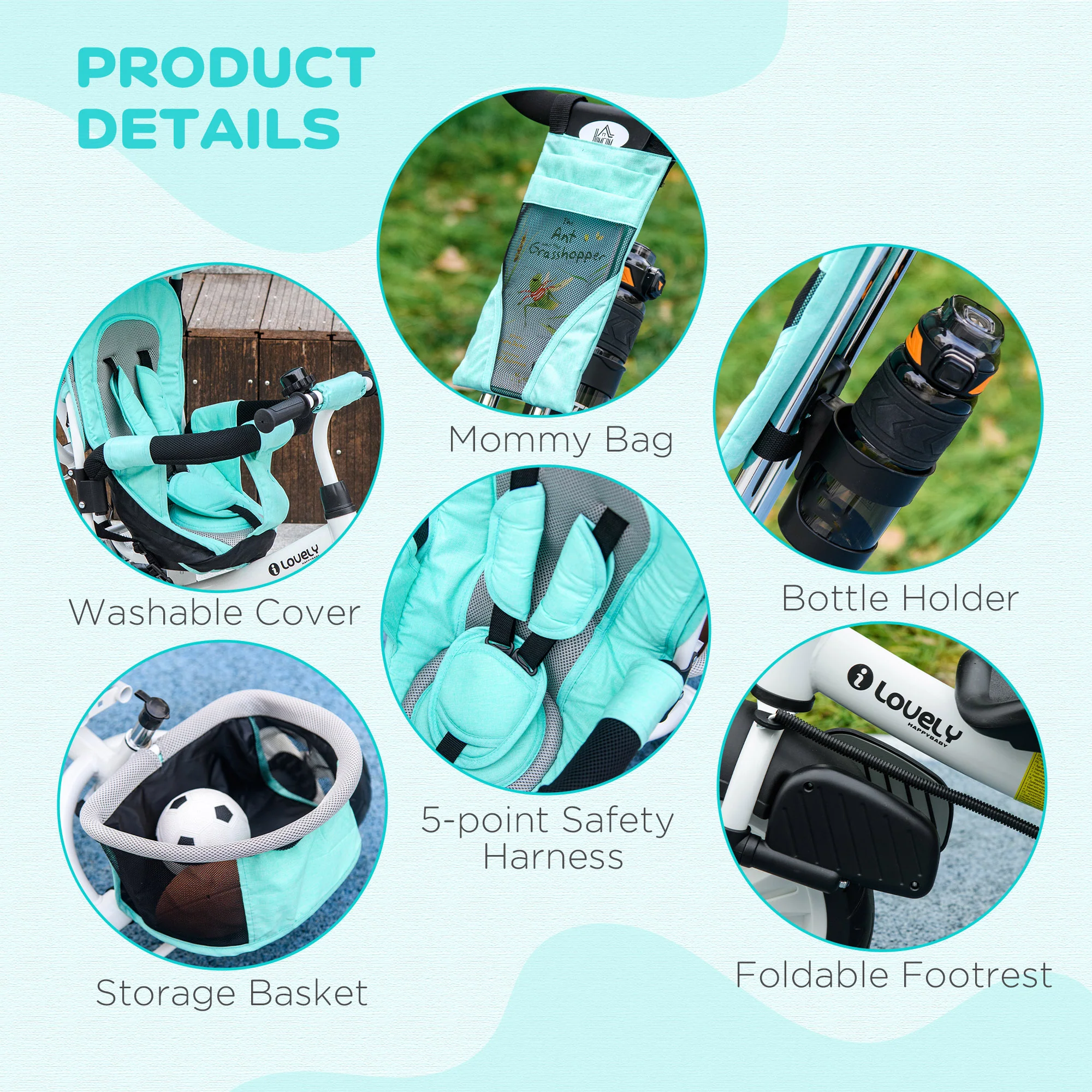HOMCOM 6 In 1 Kids Trike, Stroller With Parent Handle, Green - Image 7