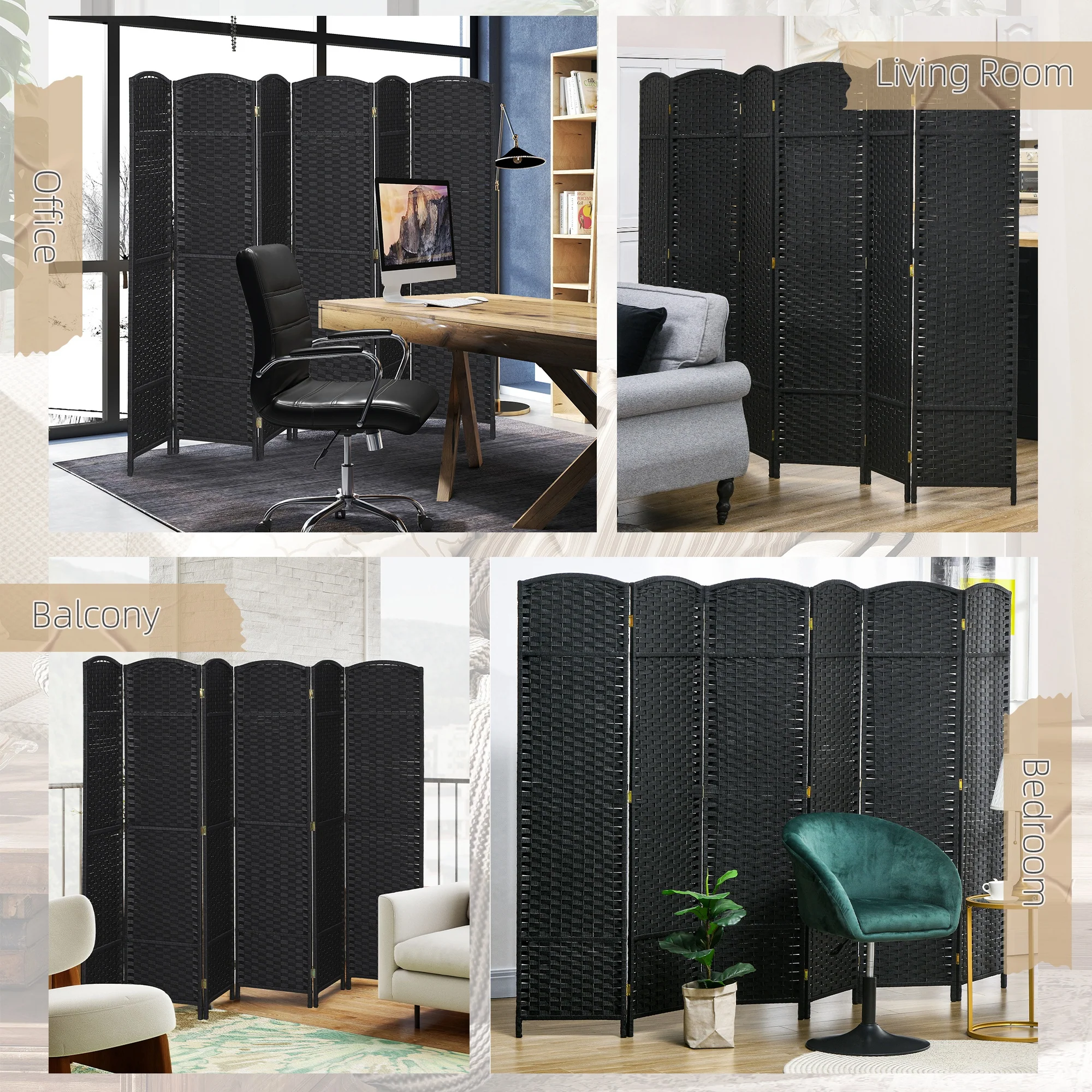 HOMCOM 6 Panel Folding Room Divider, Privacy Screen, 240 x 170cm, Black - Image 7