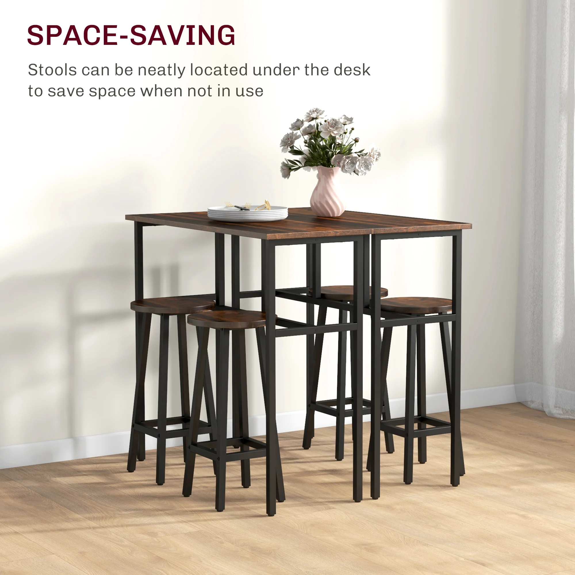 HOMCOM 6-Piece Industrial Bar Table Set, 2 Kitchen Tables With 4 Stools, Brown - Image 4