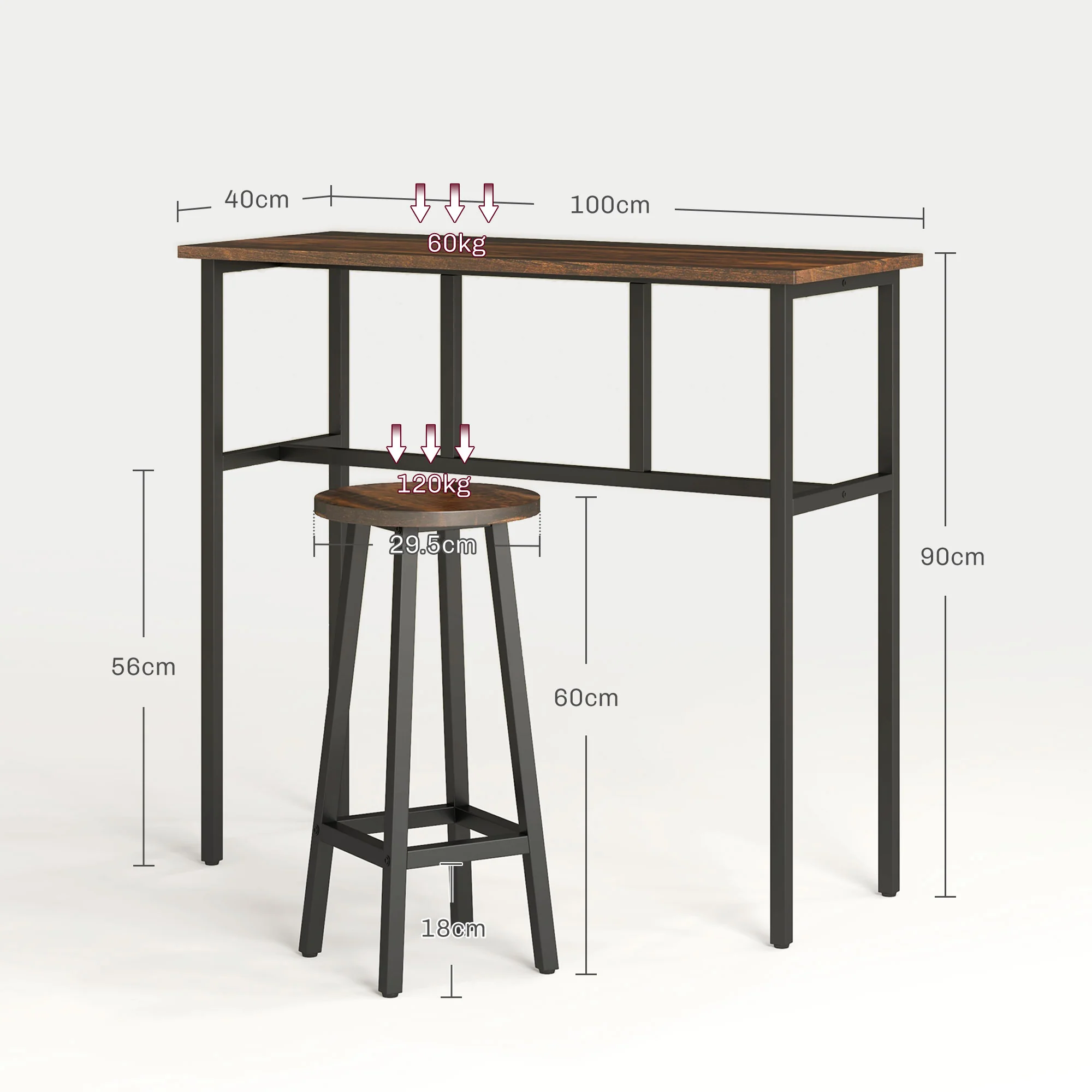 HOMCOM 6-Piece Industrial Bar Table Set, 2 Kitchen Tables With 4 Stools, Brown - Image 5