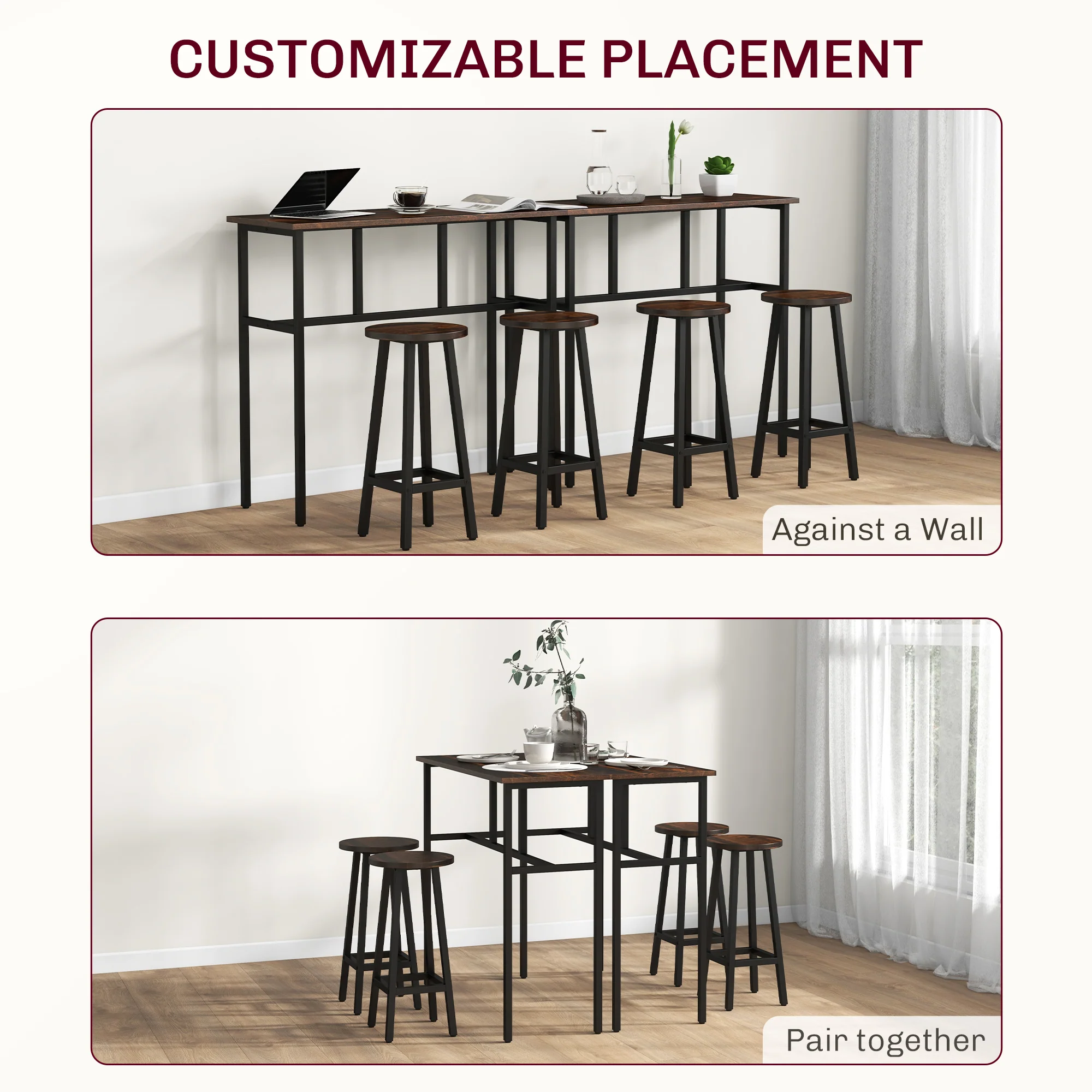 HOMCOM 6-Piece Industrial Bar Table Set, 2 Kitchen Tables With 4 Stools, Brown - Image 6
