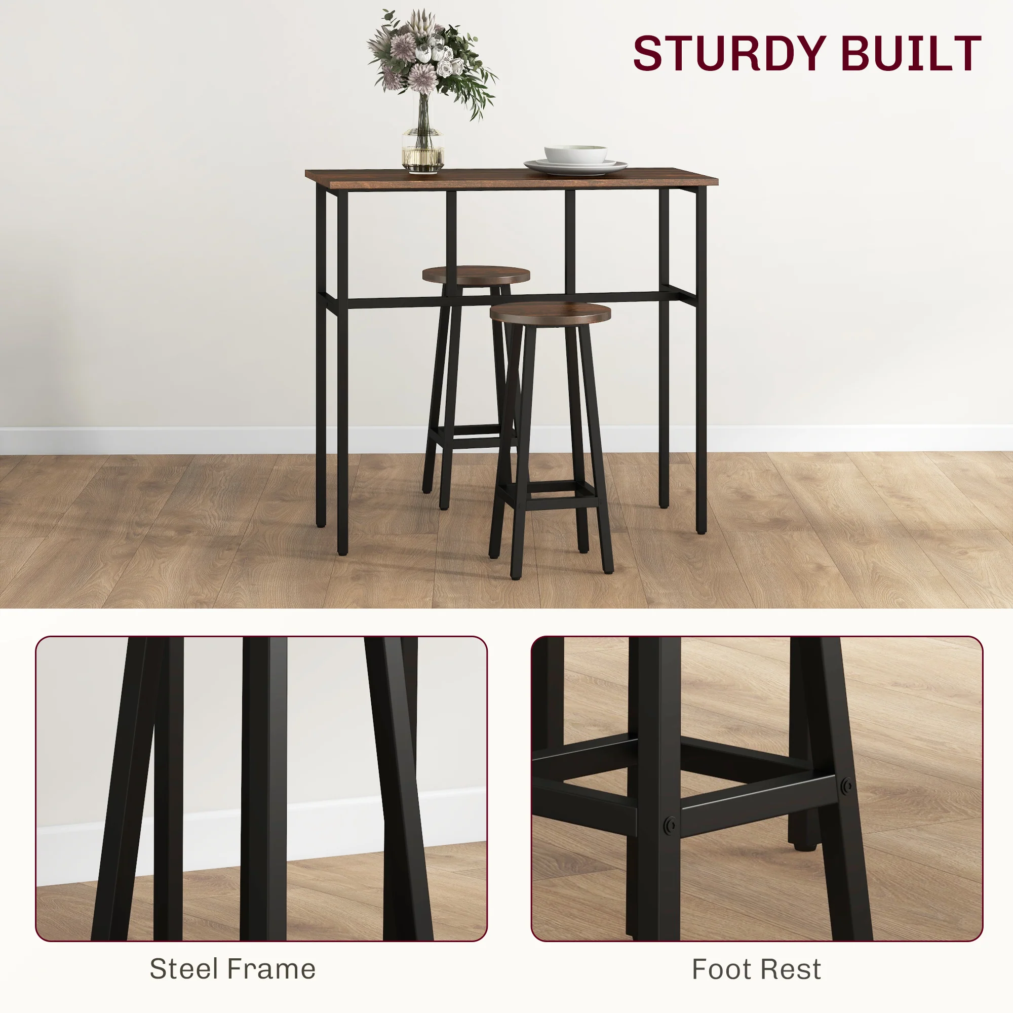 HOMCOM 6-Piece Industrial Bar Table Set, 2 Kitchen Tables With 4 Stools, Brown - Image 7