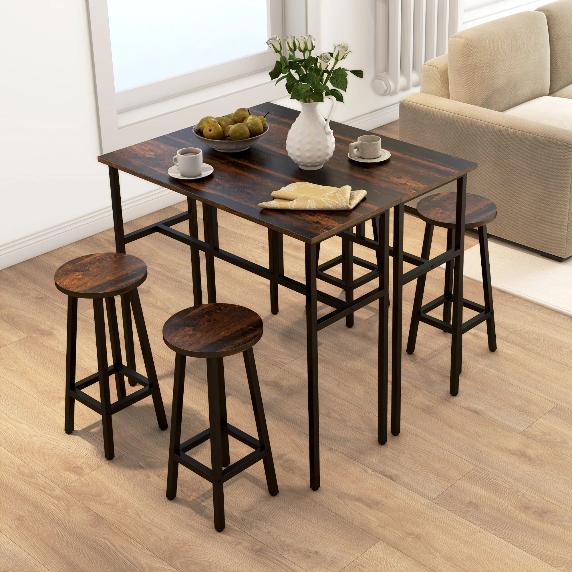 HOMCOM 6-Piece Industrial Bar Table Set, 2 Kitchen Tables With 4 Stools, Brown - Image 8