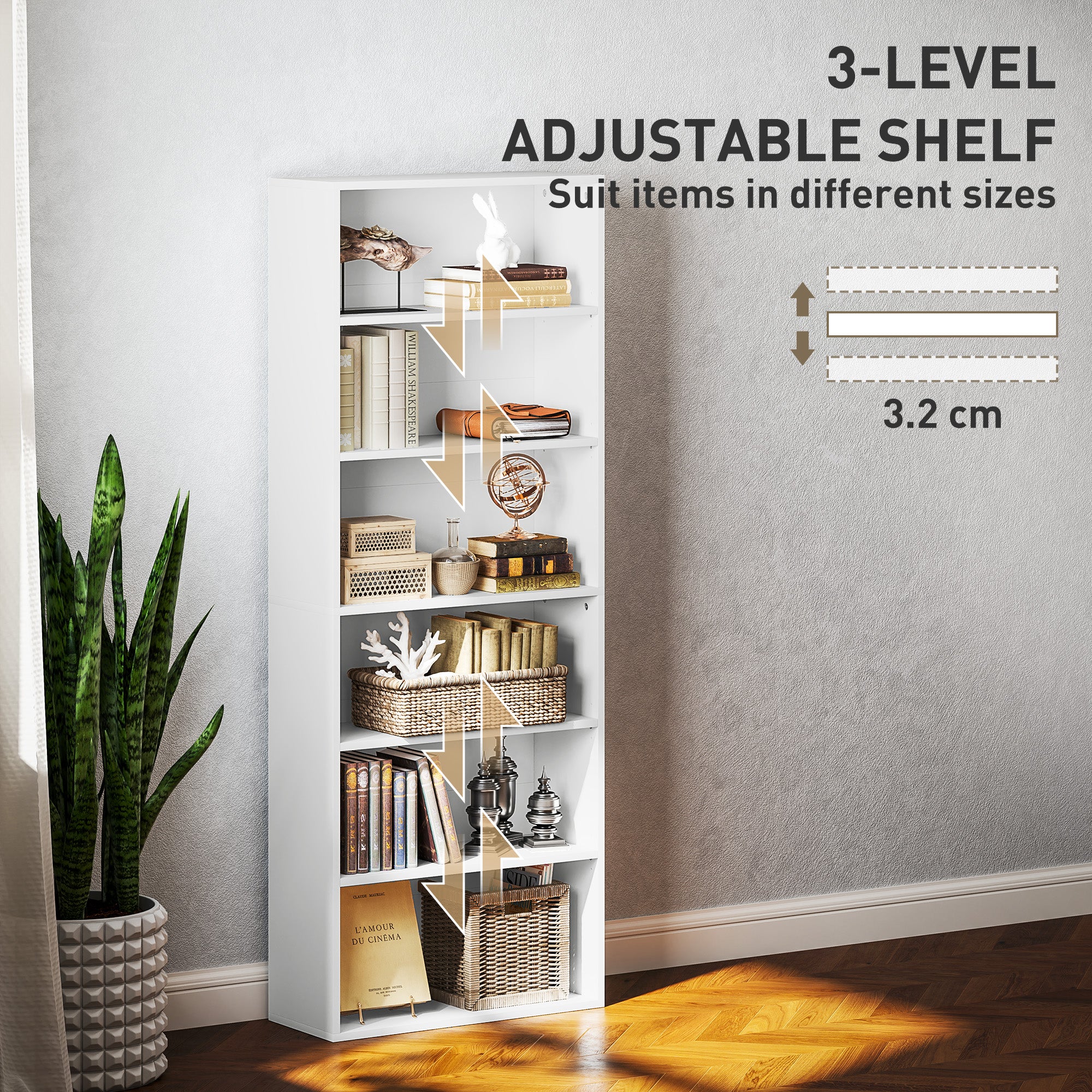 HOMCOM 6 Tier Bookshelf, Freestanding Bookcase With Adjustable Shelves - Image 13