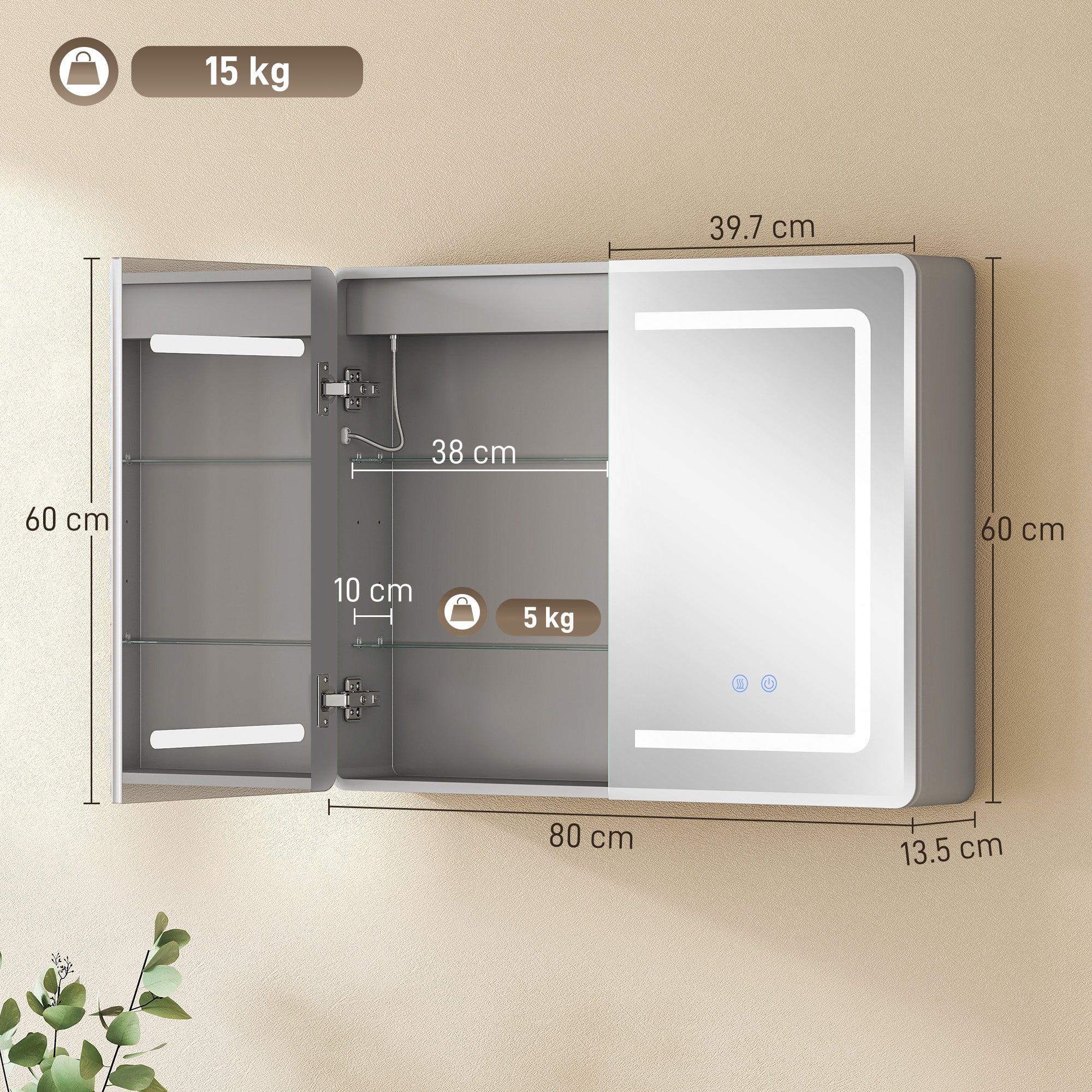 HOMCOM 60 x 80 cm LED Bathroom Mirror Cabinet with Double-Sided Mirrors - Image 3