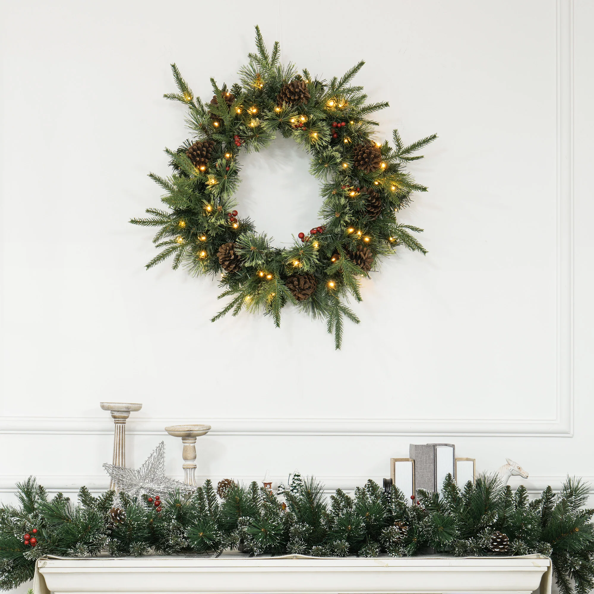 HOMCOM 60cm Christmas Wreath with LED Lights Pine Cones Red Berries Green - Image 2