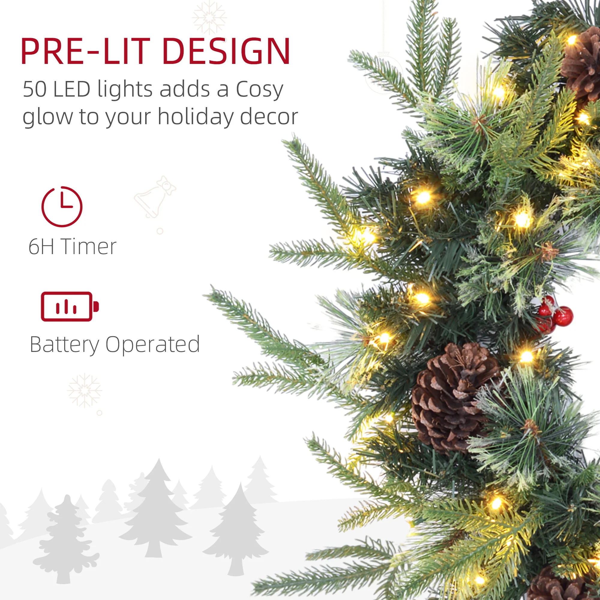 HOMCOM 60cm Christmas Wreath with LED Lights Pine Cones Red Berries Green - Image 5