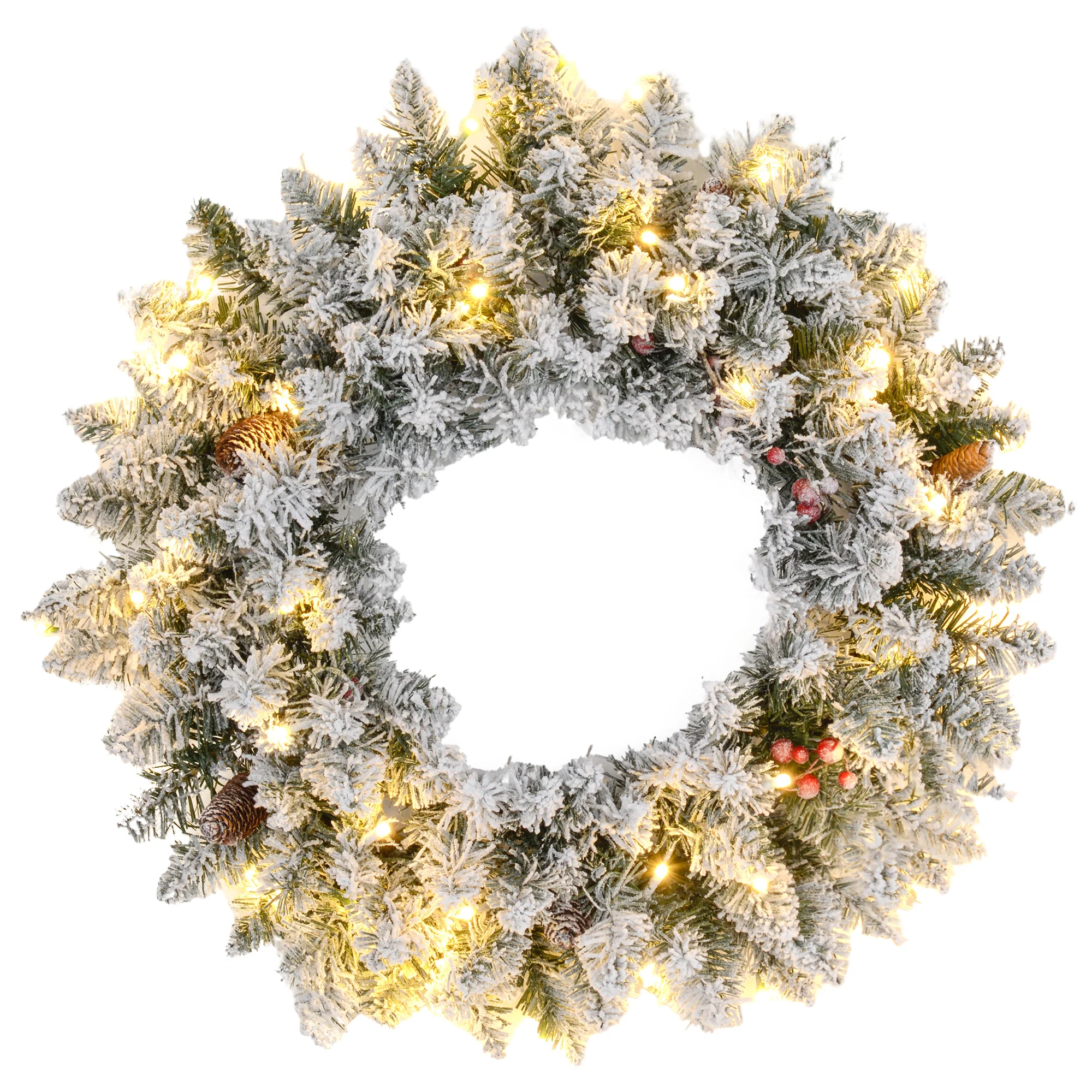 HOMCOM 60cm Flocked Christmas Wreath with Lights Pine Cones Red Berries Green