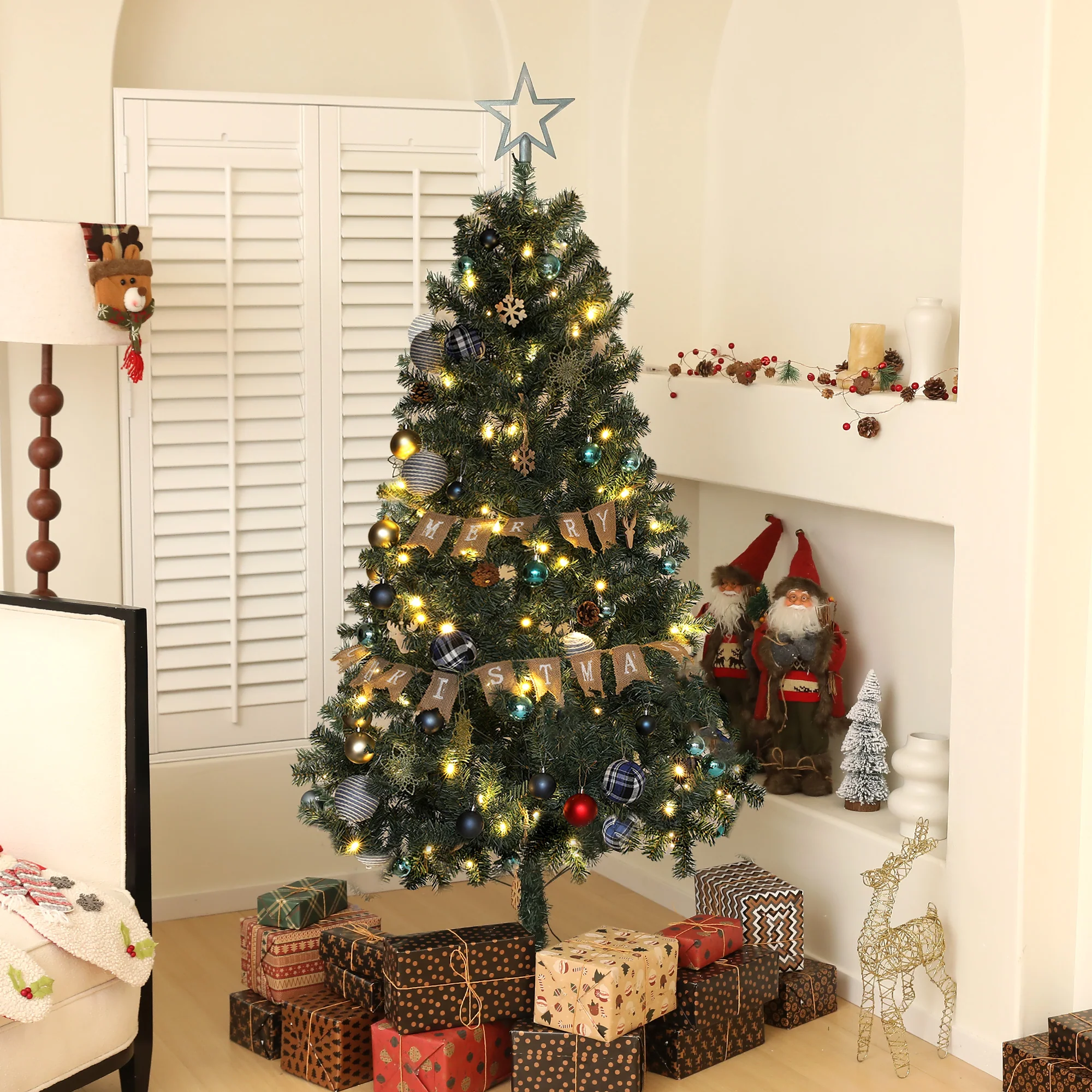 HOMCOM 6ft Artificial Christmas Tree With LED Lights And Red Decorations - Image 2