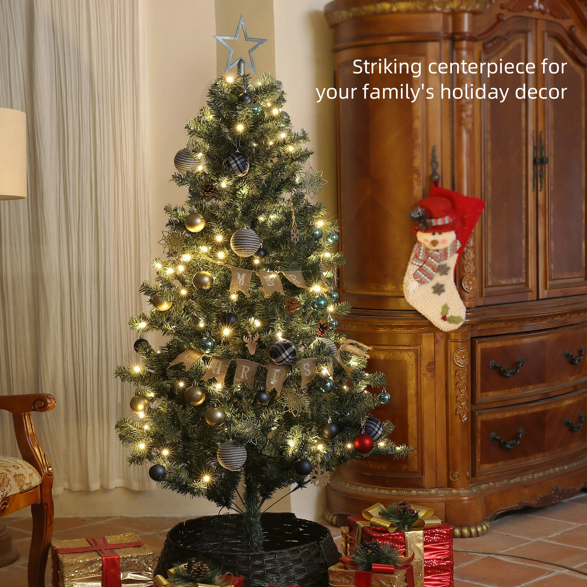HOMCOM 6ft Artificial Christmas Tree With LED Lights And Red Decorations - Image 3