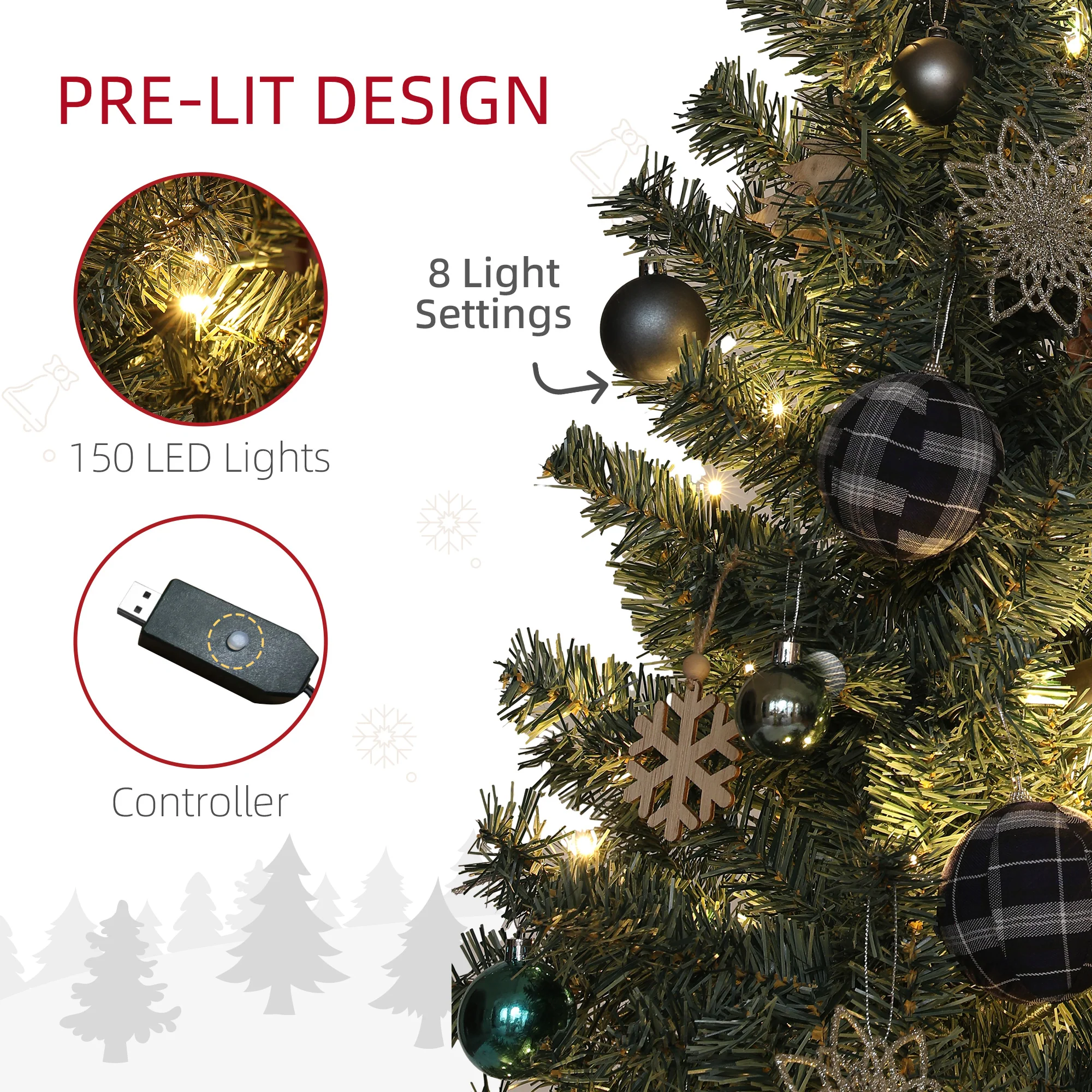 HOMCOM 6ft Artificial Christmas Tree With LED Lights And Red Decorations - Image 4