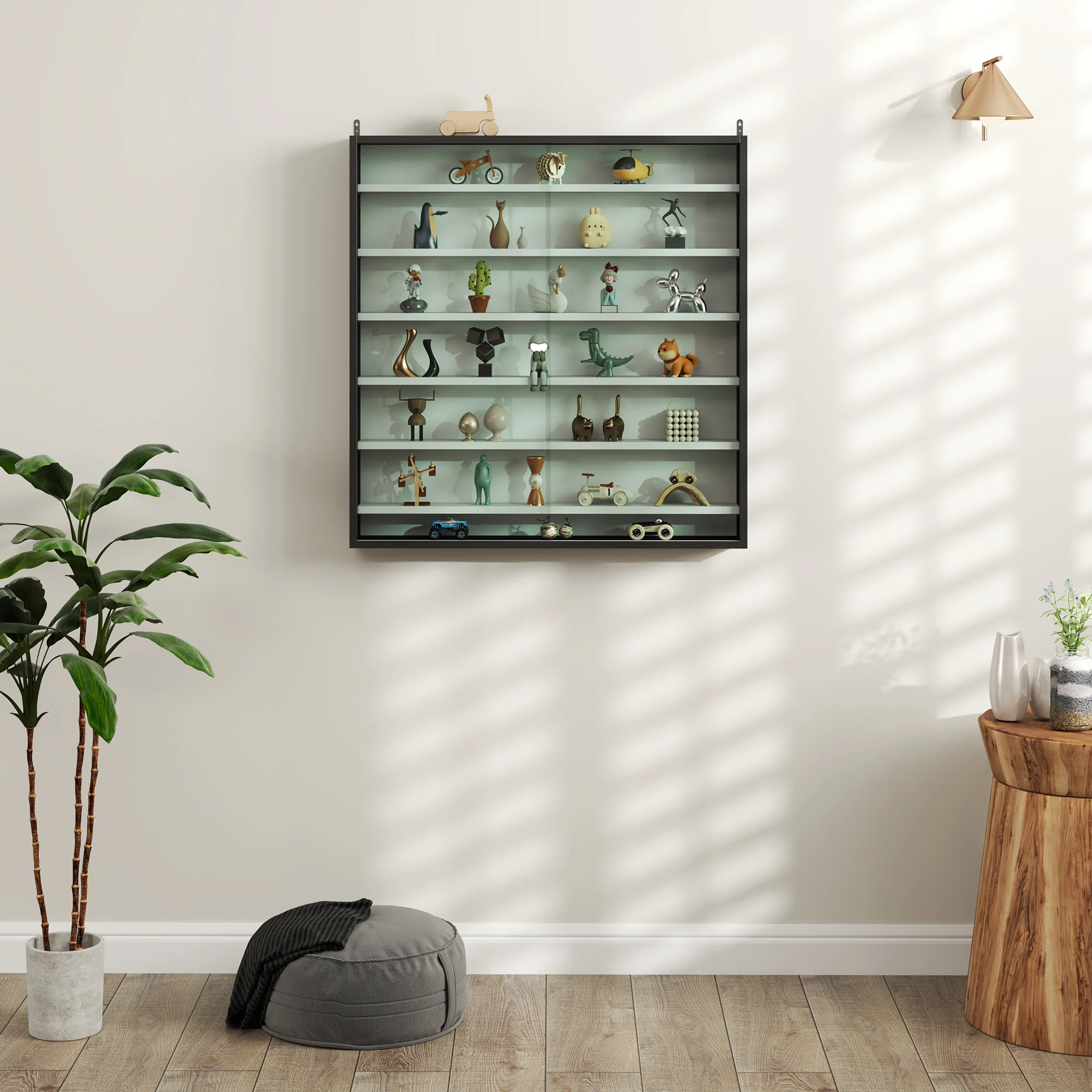 HOMCOM 7-Tier Wall Display Cabinet w/ Shelves Glass Doors - Image 36