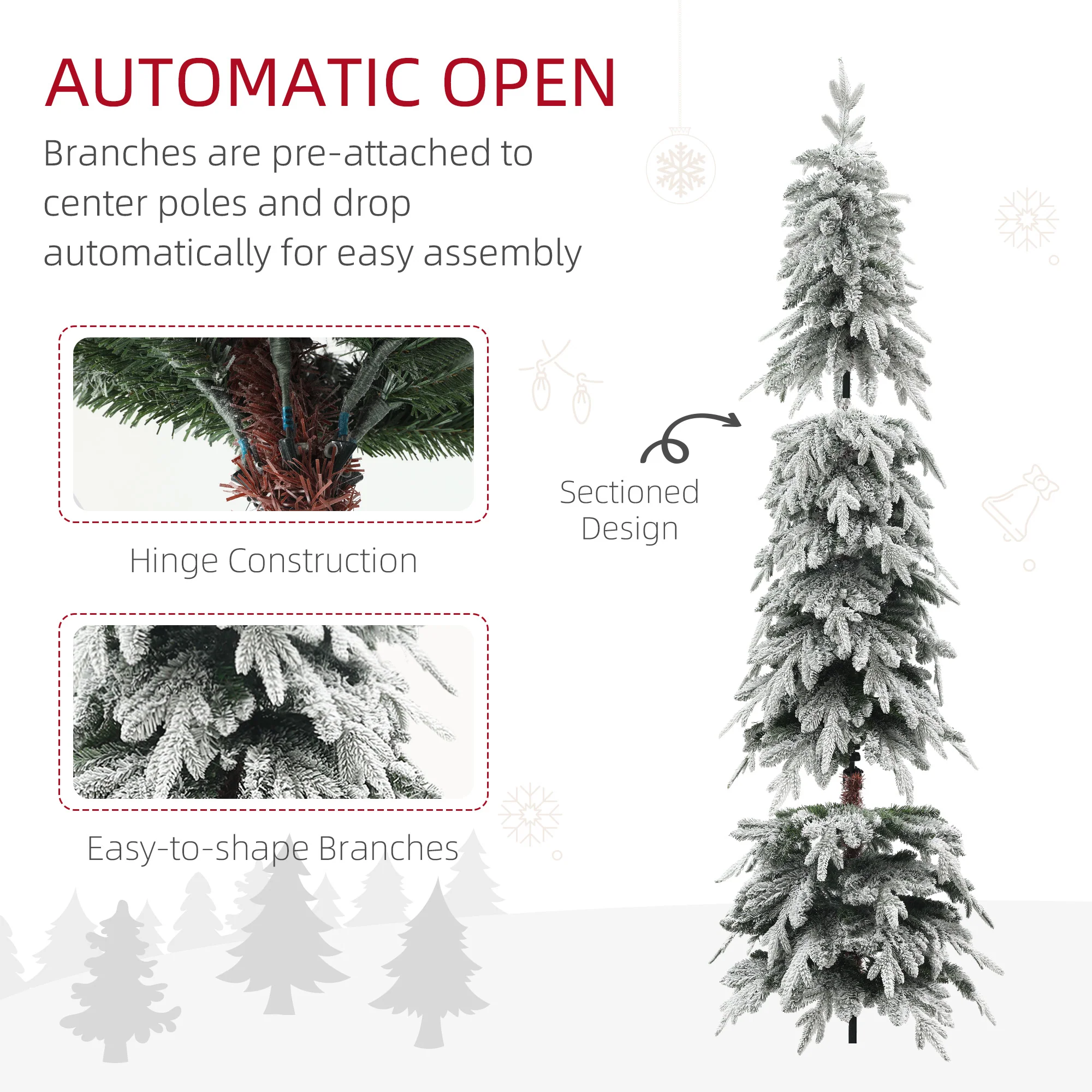 HOMCOM 7ft Flocked Pencil Christmas Tree With Auto Open, Steel Base - Image 6