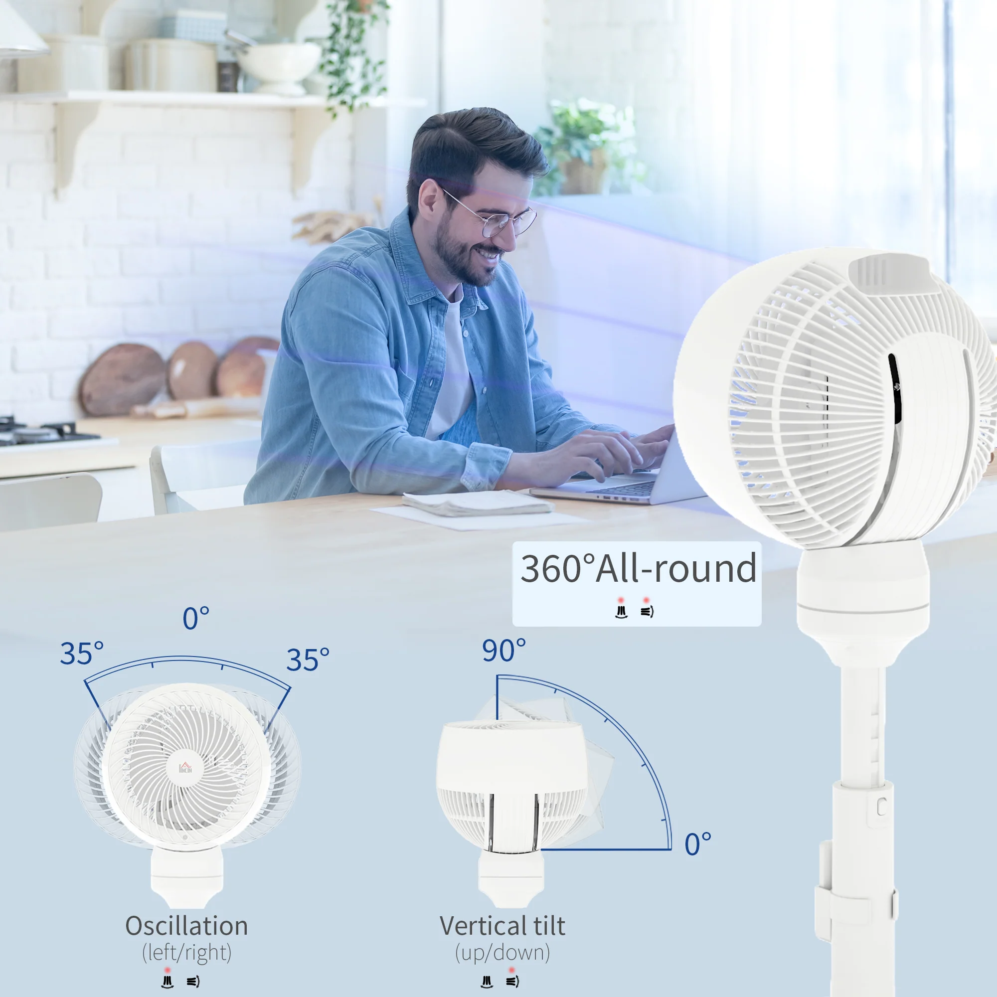 HOMCOM 9 Inch Height Adjustable Air Circulator Fan 70° Oscillating 9 Setting - Image 6