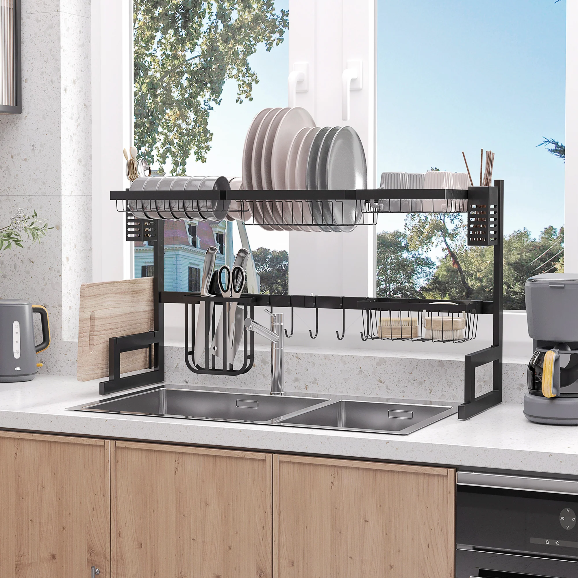 HOMCOM 93cm Over The Sink Dish Drainer Rack, 2 Tier Dish Rack For Kitchen, Black - Image 2