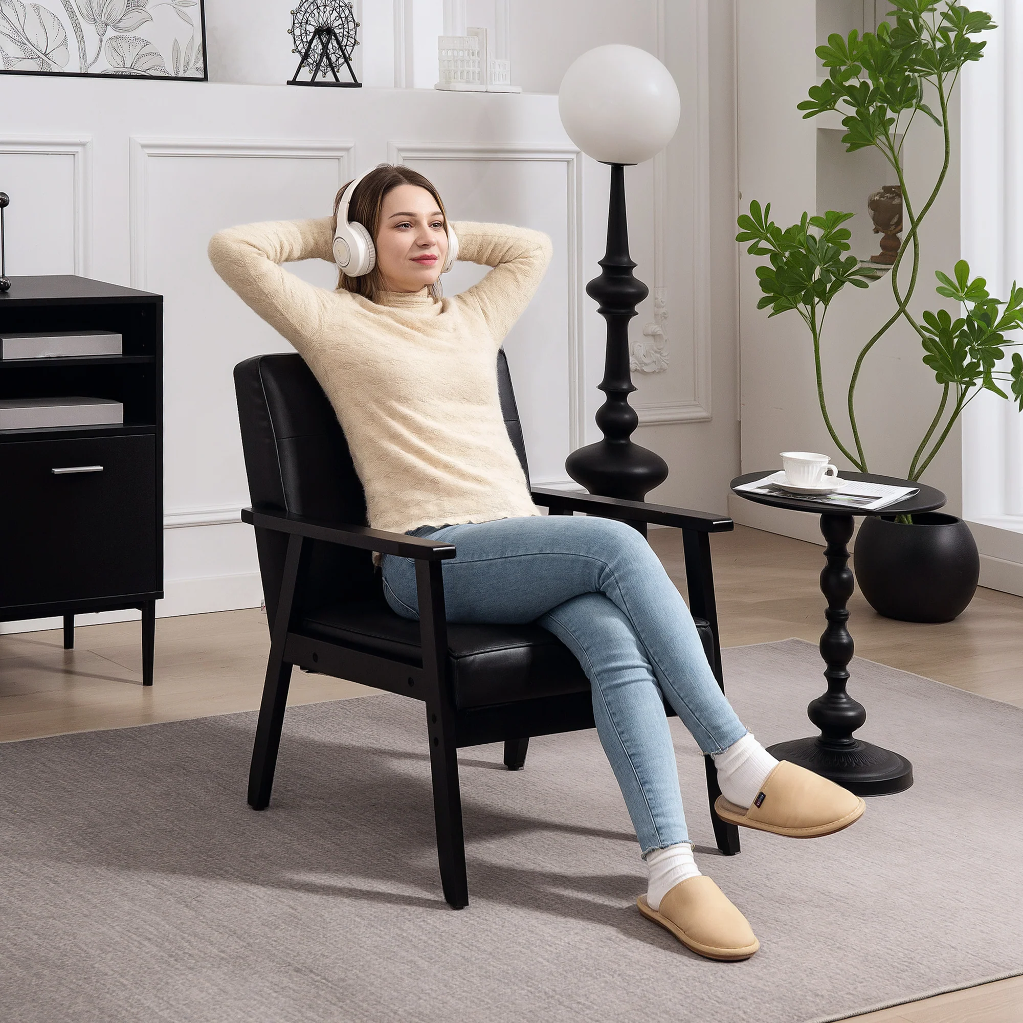 HOMCOM Accent Chair PU Leather Armchair with Armrests for Living Room Black - Image 2