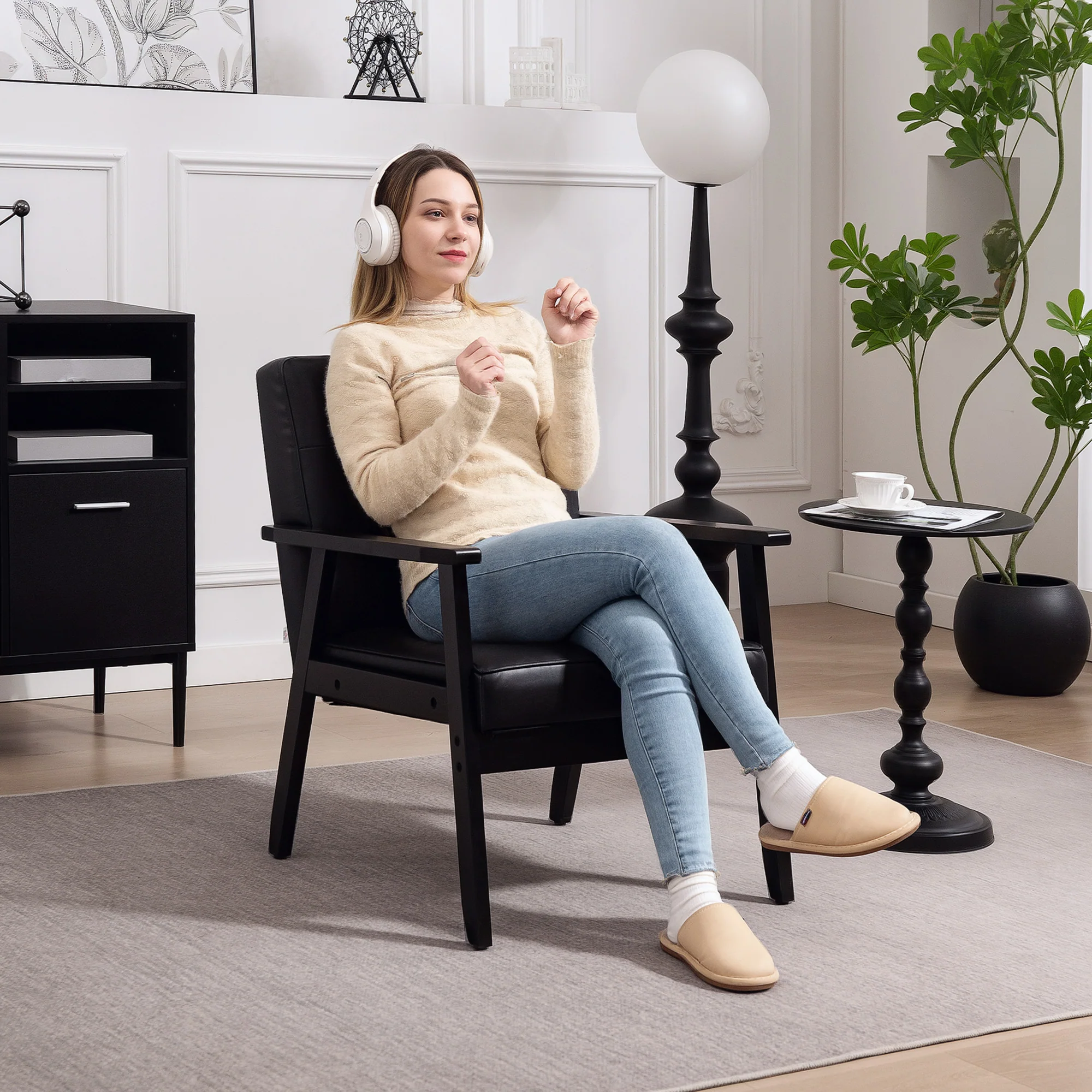 HOMCOM Accent Chair PU Leather Armchair with Armrests for Living Room Black - Image 8