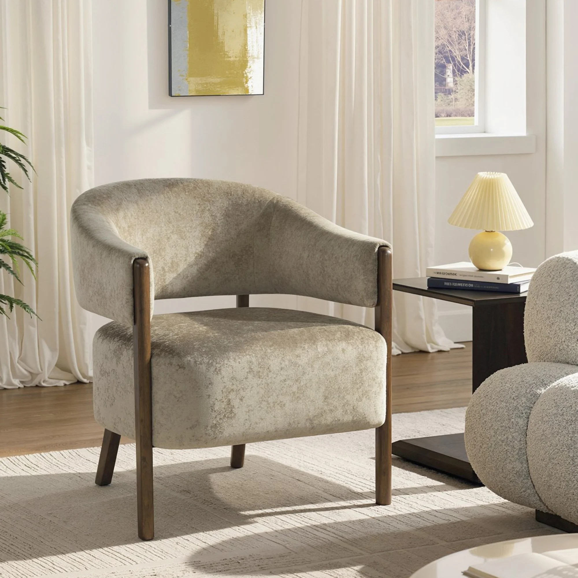 HOMCOM Accent Chair, Upholstered Armchair with Solid Wood Legs, Light Brown - Image 2