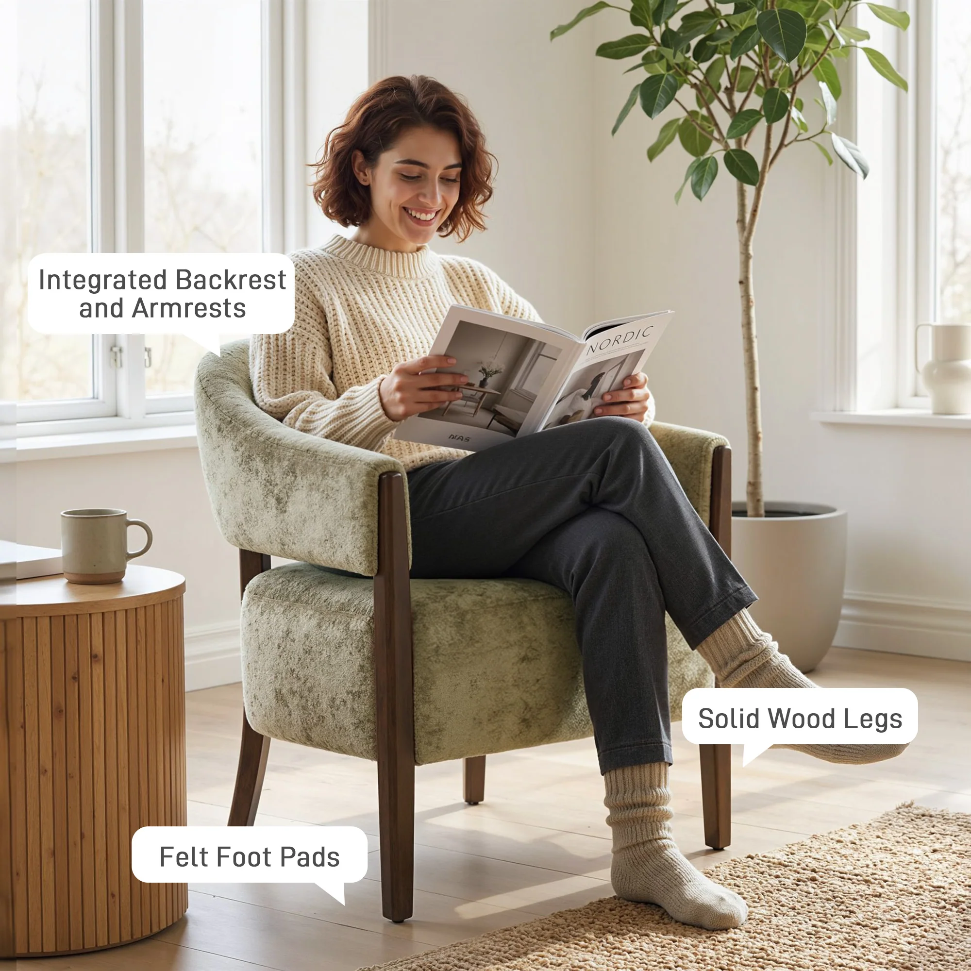 HOMCOM Accent Chair, Upholstered Armchair with Solid Wood Legs, Light Brown - Image 7