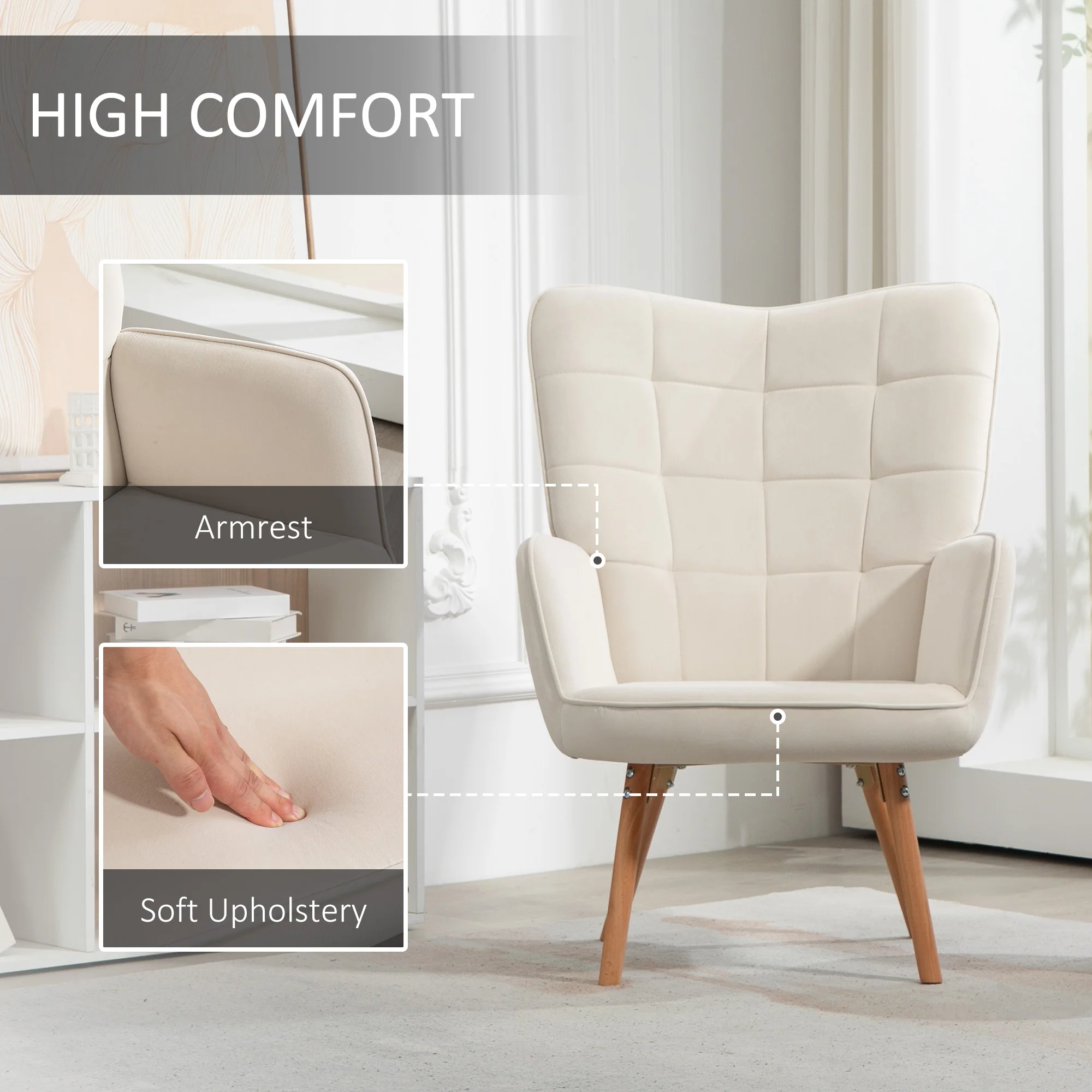 HOMCOM Accent Chair Velvet-Touch Tufted Wingback Armchair, Cream White - Image 3