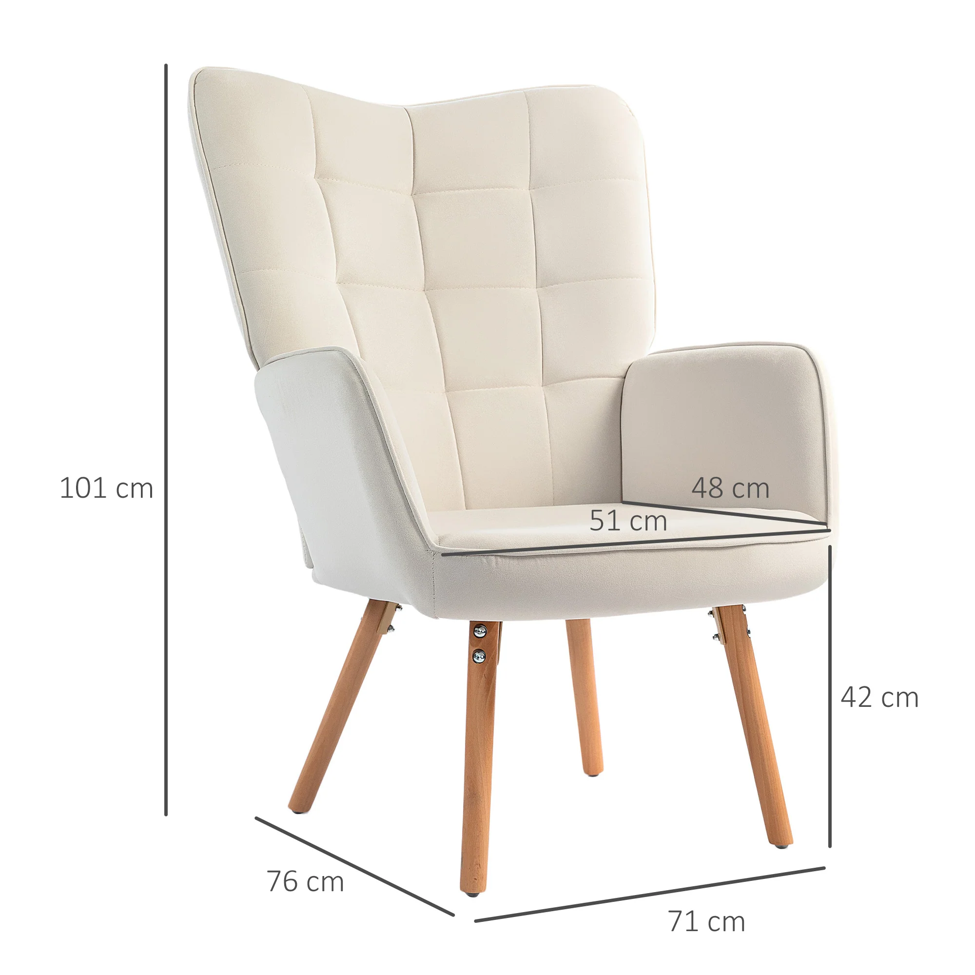 HOMCOM Accent Chair Velvet-Touch Tufted Wingback Armchair, Cream White - Image 5