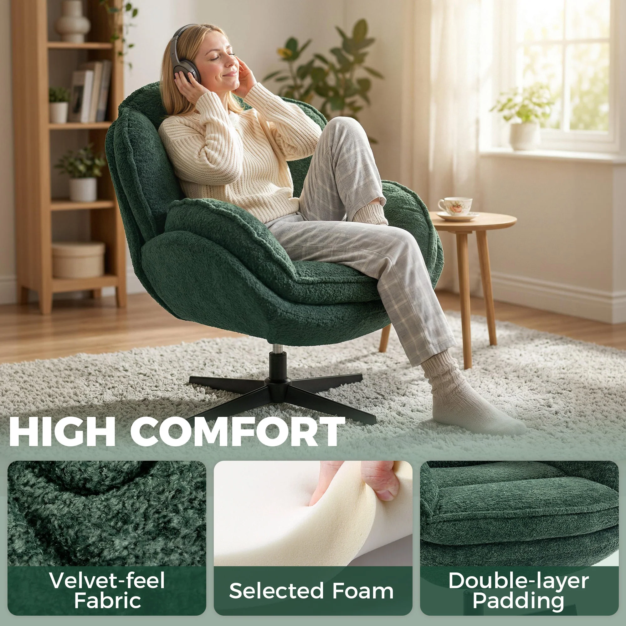 HOMCOM Accent Chair with Swivel for Living Room Dark Green - Image 4