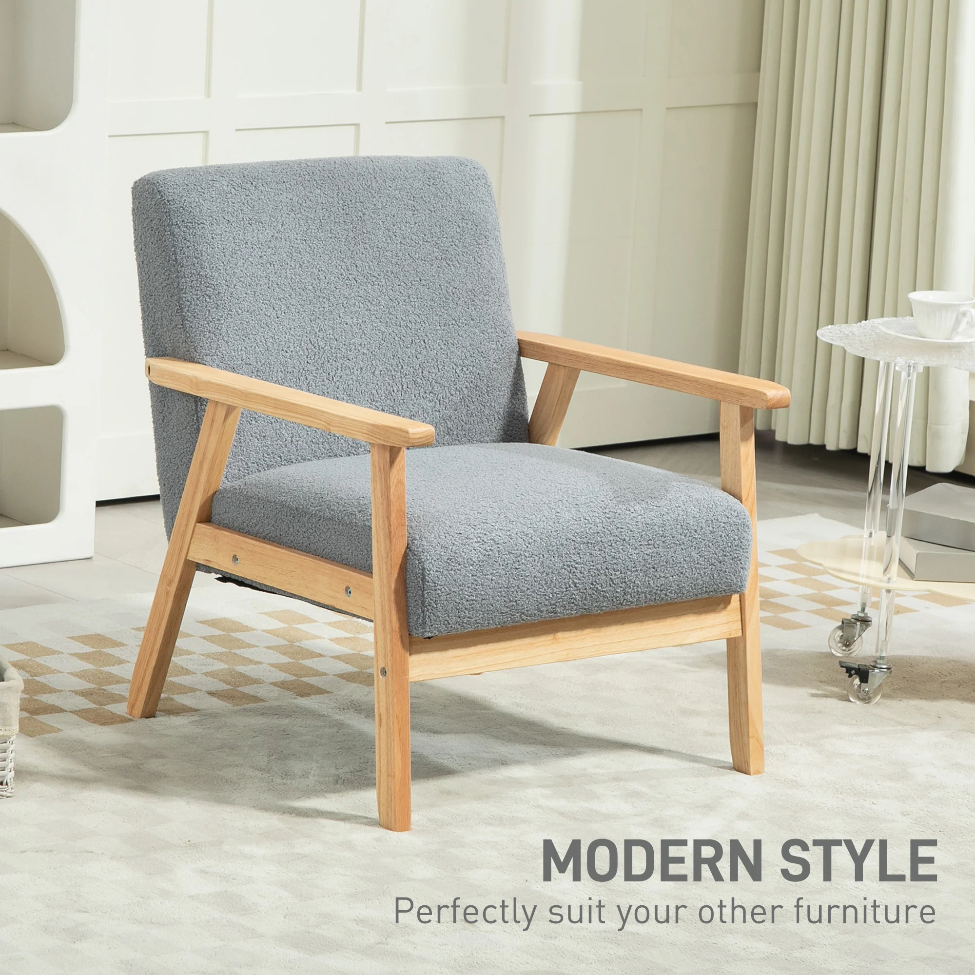 HOMCOM Accent Chair With Wood Frame Wide Seat Cashmere Armchair Grey - Image 3