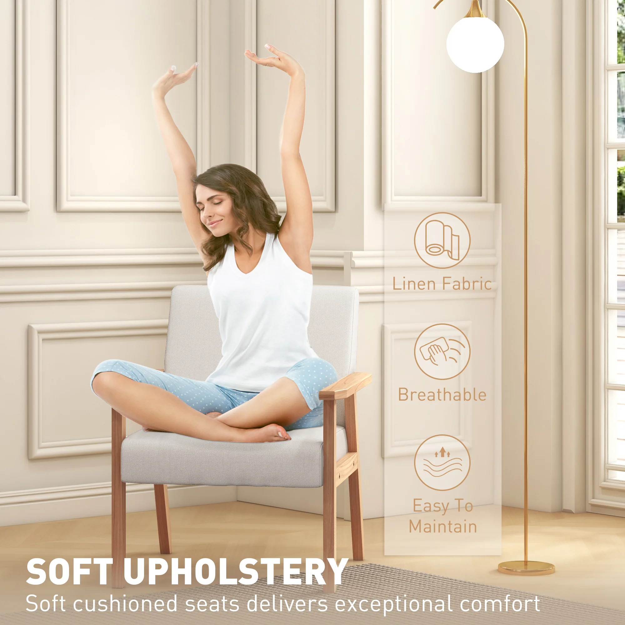 HOMCOM Accent Chair With Wood Frame Wide Seat Linen Armchair Cream White - Image 4