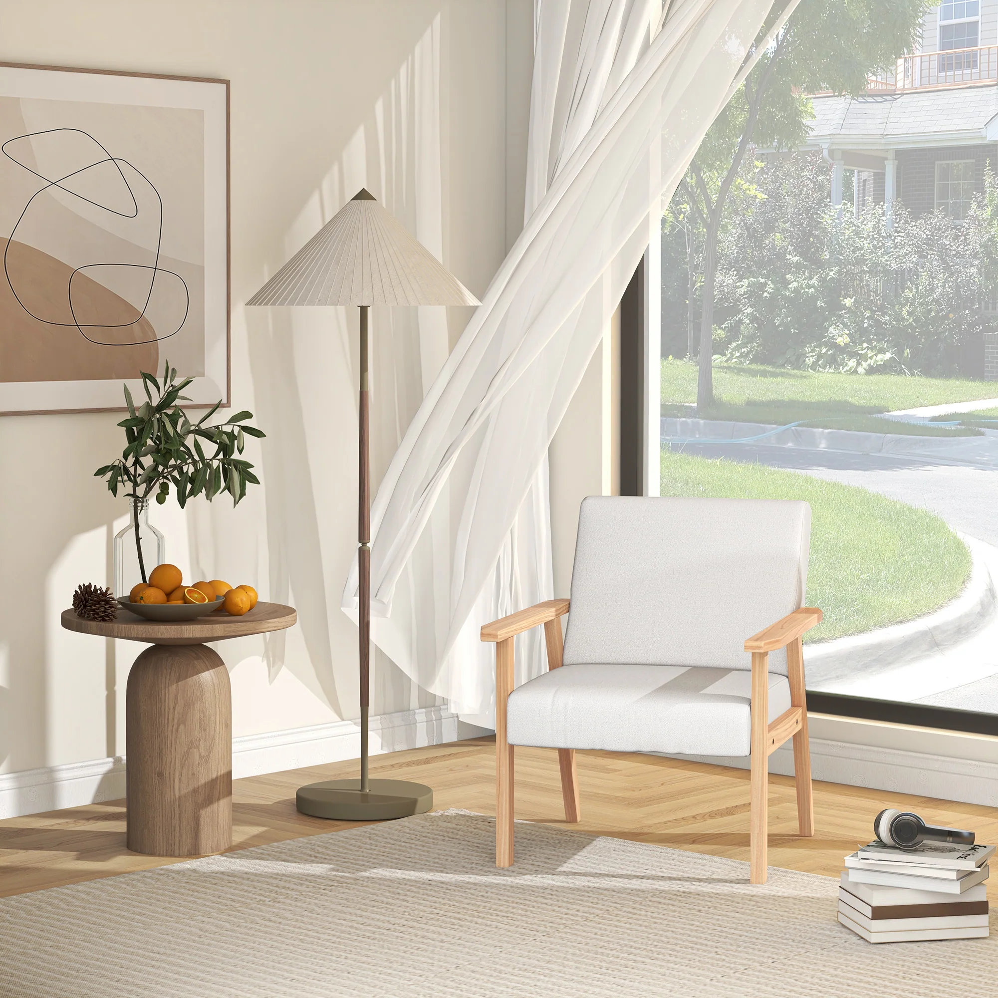 HOMCOM Accent Chair With Wood Frame Wide Seat Linen Armchair Cream White - Image 7