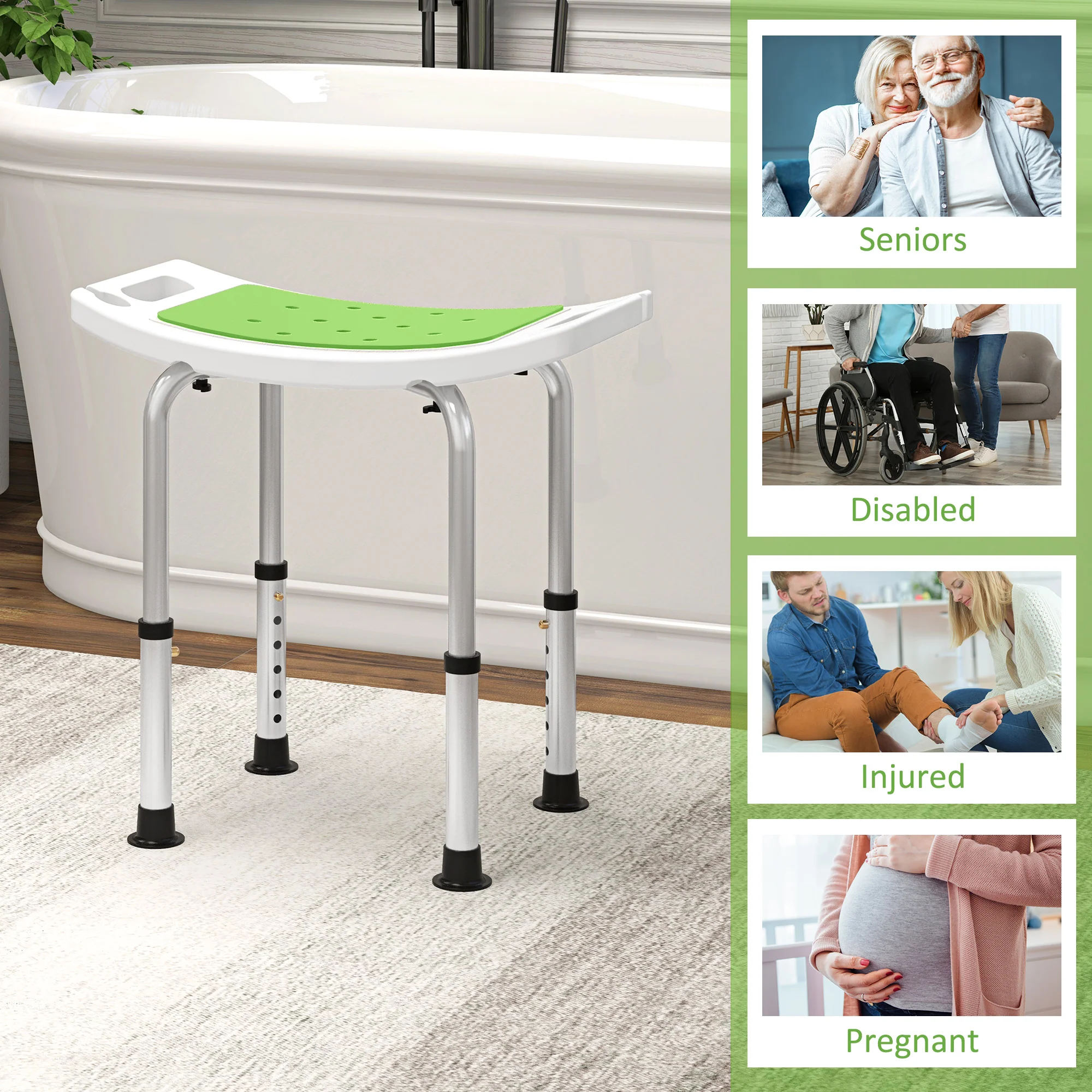 HOMCOM Adjust Aluminium Bath Stool Spa Shower Chair Non-Slip W/ Shower Hole - Image 7