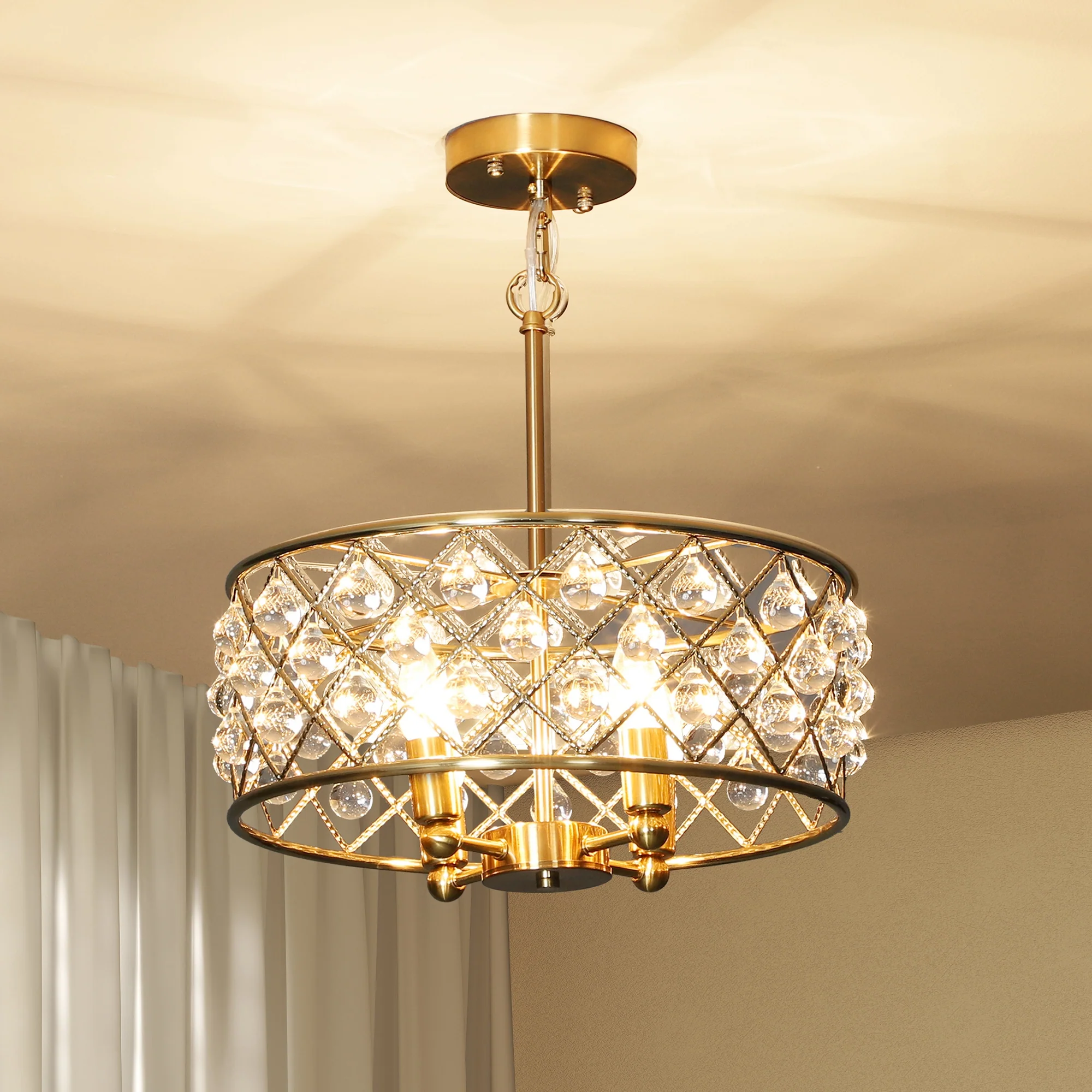 HOMCOM Adjustable Ceiling Light With 4 Light, Modern Crystal Chandelier