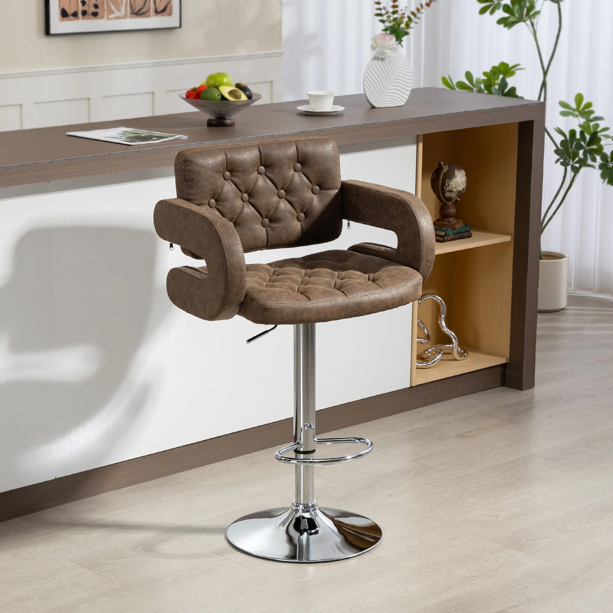 HOMCOM Adjustable Height Barstool Steel Pole PU Leather, Coffee - Image 2