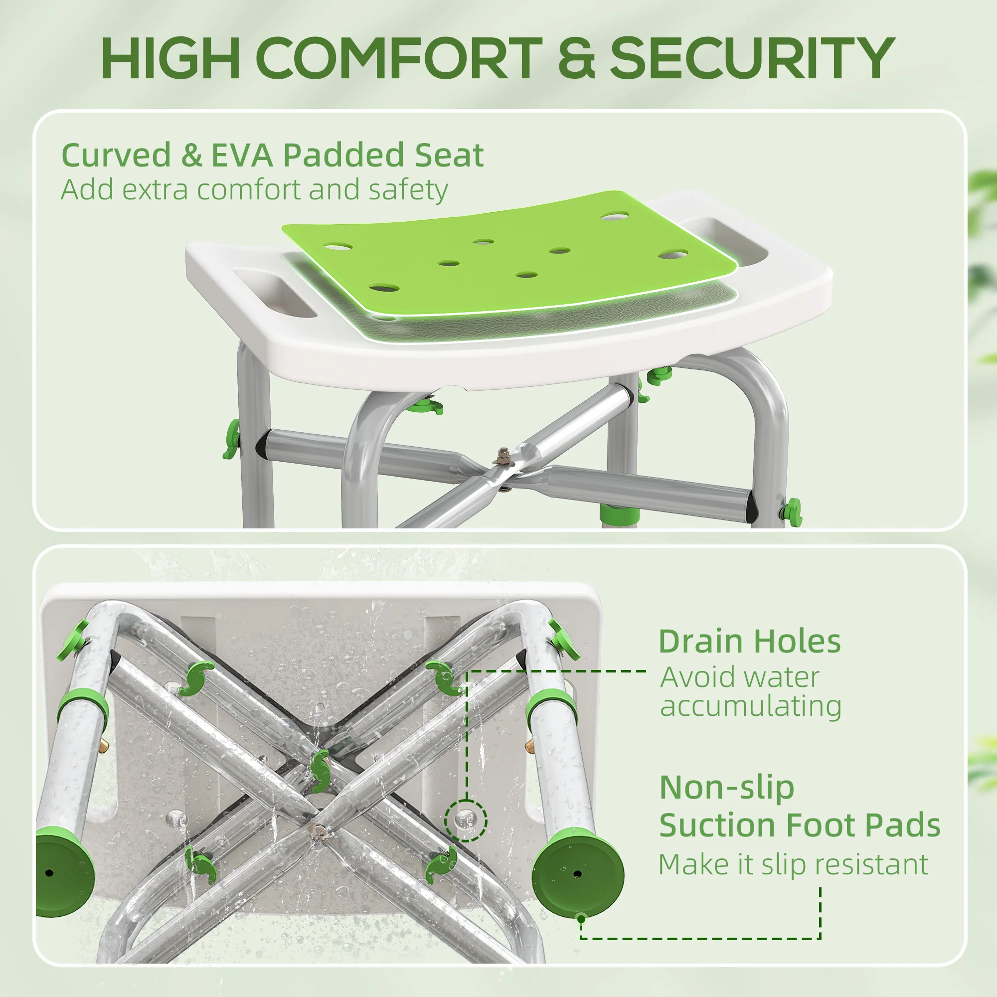 HOMCOM Adjustable Shower Stool With Foot Pads For Elderly Disabled Green - Image 3