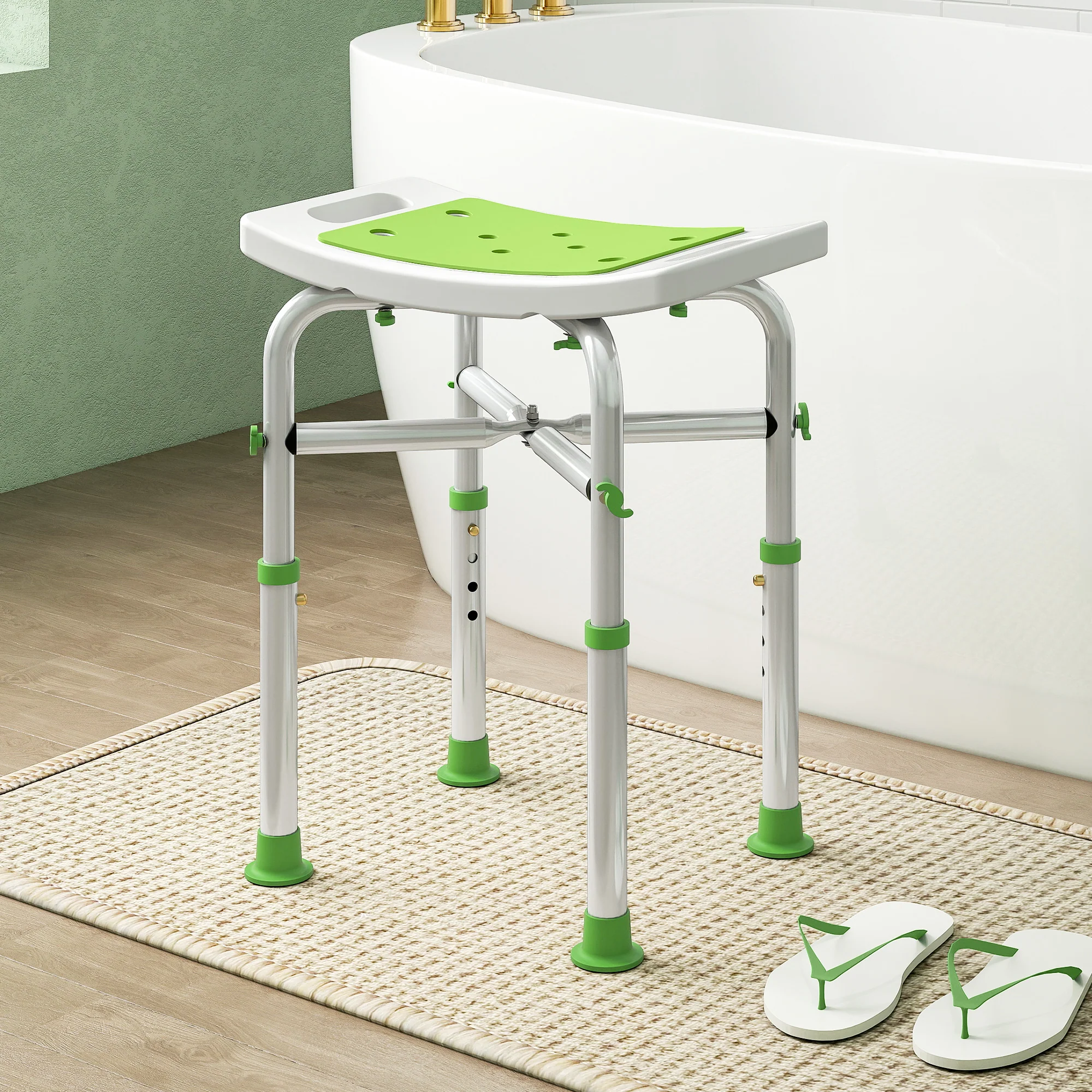 HOMCOM Adjustable Shower Stool With Foot Pads For Elderly Disabled Green - Image 8