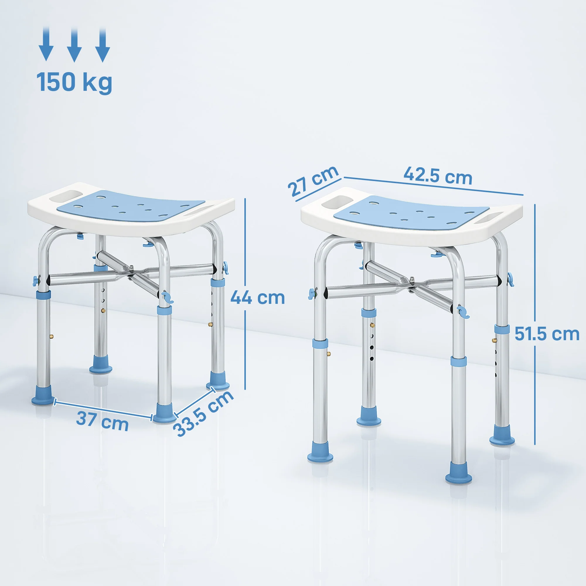 HOMCOM Adjustable Shower Stool With Foot Pads For Elderly, Light Blue - Image 3